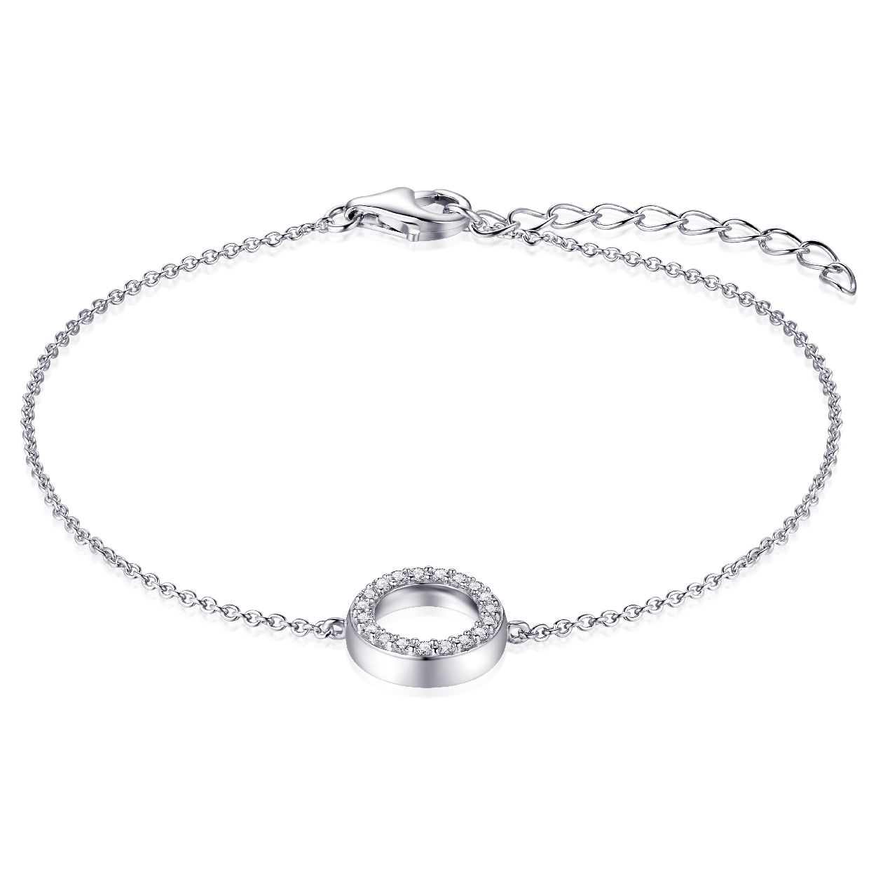 Mooie Zilveren anker schakel armband met in het midden een opengewerkte cirkel bezet met  zirkonia's in klauwzetting. 
Lengte: 17 cm + 3 cm.

Leuk om te combineren met de bijpassende ring R385 en/of 
collier N1055, N1076 en/of
hanger P1046, P1047 en/of
oorstekers E1008, E1014, E1020 en/of
oorringen KC1014