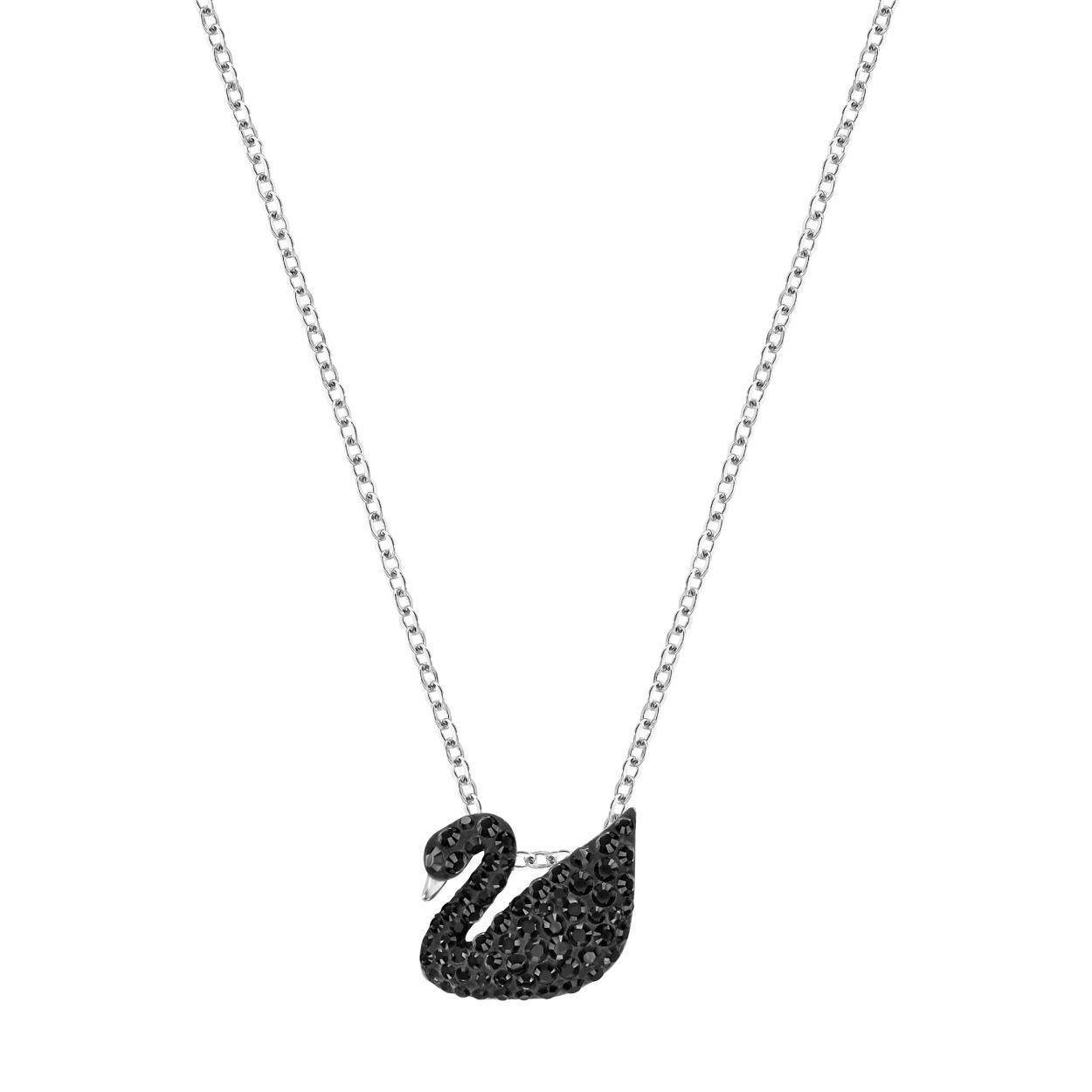 Deze elegante rodium-vergulde hanger bevat Swarovski legendarische zwaanmotief. De hanger is op delicate wijze verfraaid met dramatische zwarte kristallen ingezet met onze innovatieve Pointiage-techniek en schittert zacht genoeg om elke zakelijke of casual outfit aan te vullen. De hanger heeft een afmeting van 1 x 1 cm en de ketting is 38 cm lang. Combineer met de rosegoud-vergulde Iconic Swan-hanger voor een trendy look van gemengd metaal.