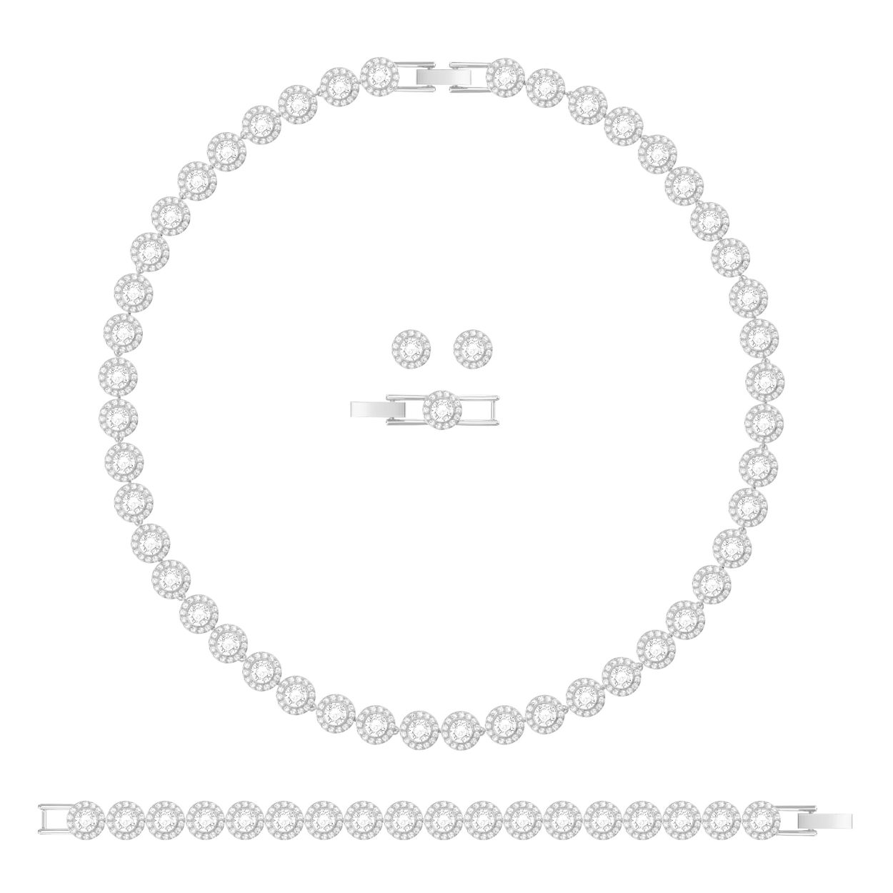 Verwen jezelf, of een speciaal persoon, met een nieuwe musthave voor je sieradenkistje met deze prachtige set bestaande uit een ketting, armband en oorbellen. De set is nu verkrijgbaar in de klassieke, altijd gemakkelijk te dragen combinatie van kristal en een rodium toplaag. Het tijdloze ontwerp is perfect om cadeau te geven of als prachtig accessoire voor een bruiloft.

Artikelnr.: 5367853
Kleur:  Wit
Collierlengte: 38 cm
Armband lengte: 16.5 cm
Oorbel lengte: 1 cm
Materiaal:  Kristallen, Rodium-verguld
Collectie:  Angelic