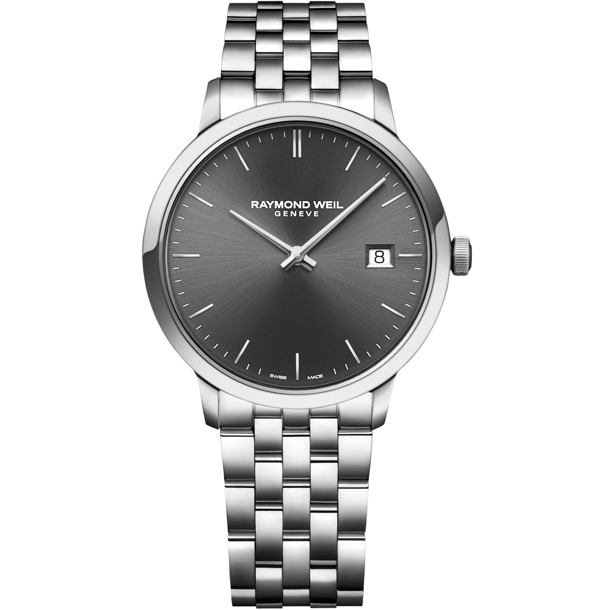 Dit prachtige Raymond Weil horloge uit de Toccata lijn heeft een grijze wijzerplaat, saffierglas en is 5ATM.