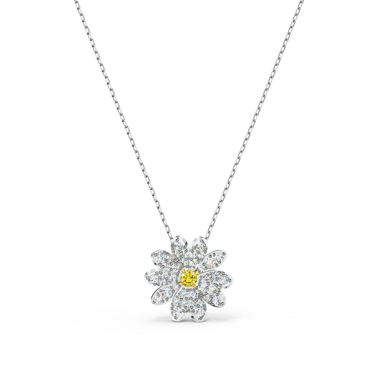 Deze hanger van Swarovski uit onze Eternal Flower-collectie is geinspireerd op de natuurlijke schoonheid van het madeliefje. Verschillende bloemblaadjes zijn gerangschikt rond een enkel, geel kristal. De rodium toplaag zorgt voor een levendige, moderne look die casual outfits mooi aanvult. Een charmant cadeau voor veel verschillende gelegenheden. De hanger is bevestigd aan een ketting.