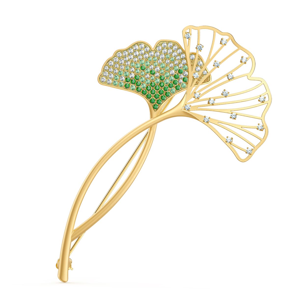 Deze zeer elegante broche van Swarovski heeft de vorm van twee met elkaar verweven ginkgobladeren. Een van de bladeren heeft een goudkleurige toplaag en is bezet met sprankelende elementen. Het andere blad is bedekt met kristallen in witte en briljantgroene tinten. Een elegante toevoeging aan een casual-chique look.