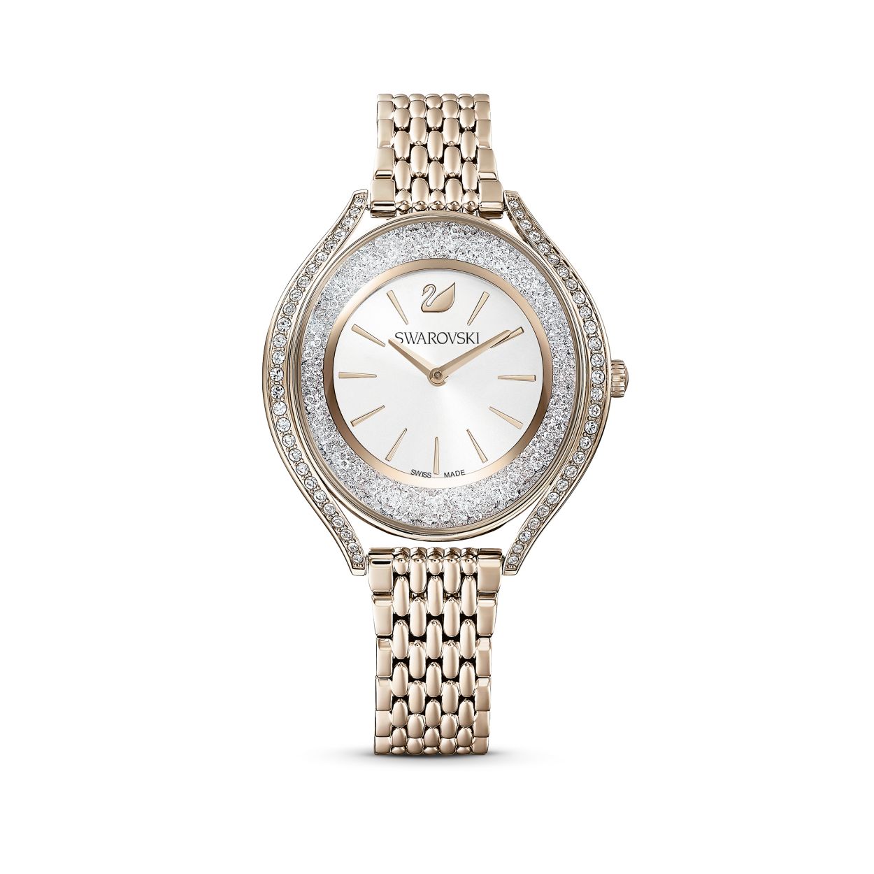 Zeer elegant: dit Swarovski horloge uit onze Crystalline Aura-collectie combineert op kundige wijze vorm en functie. Meer dan 1300 kristallen in de champagnegoudkleurige PVD-kast zorgen voor een schitterend sprankelend effect. Een champagnegoudkleurige PVD-armband en een witte zilverkleurige wijzerplaat met de Swarovski-zwaan op 12 uur maken het geraffineerde ontwerp compleet. Dit Zwitserse horloge is waterbestendig tot 50 meter.

Collectie:  Crystalline Aura
Kleur:  Goudkleurig
Grootte horlogekast: 35.5 mm
Horlogebandje lengte: 16.5 cm
Materiaal:  Kristallen, Champagnegoudkleurig PVD
Type sluiting:  Vouwbare sluiting
Materiaal horlogebandje:  Metaal
Gemaakt in:  Zwitserland
Mechanisme:  Kwarts