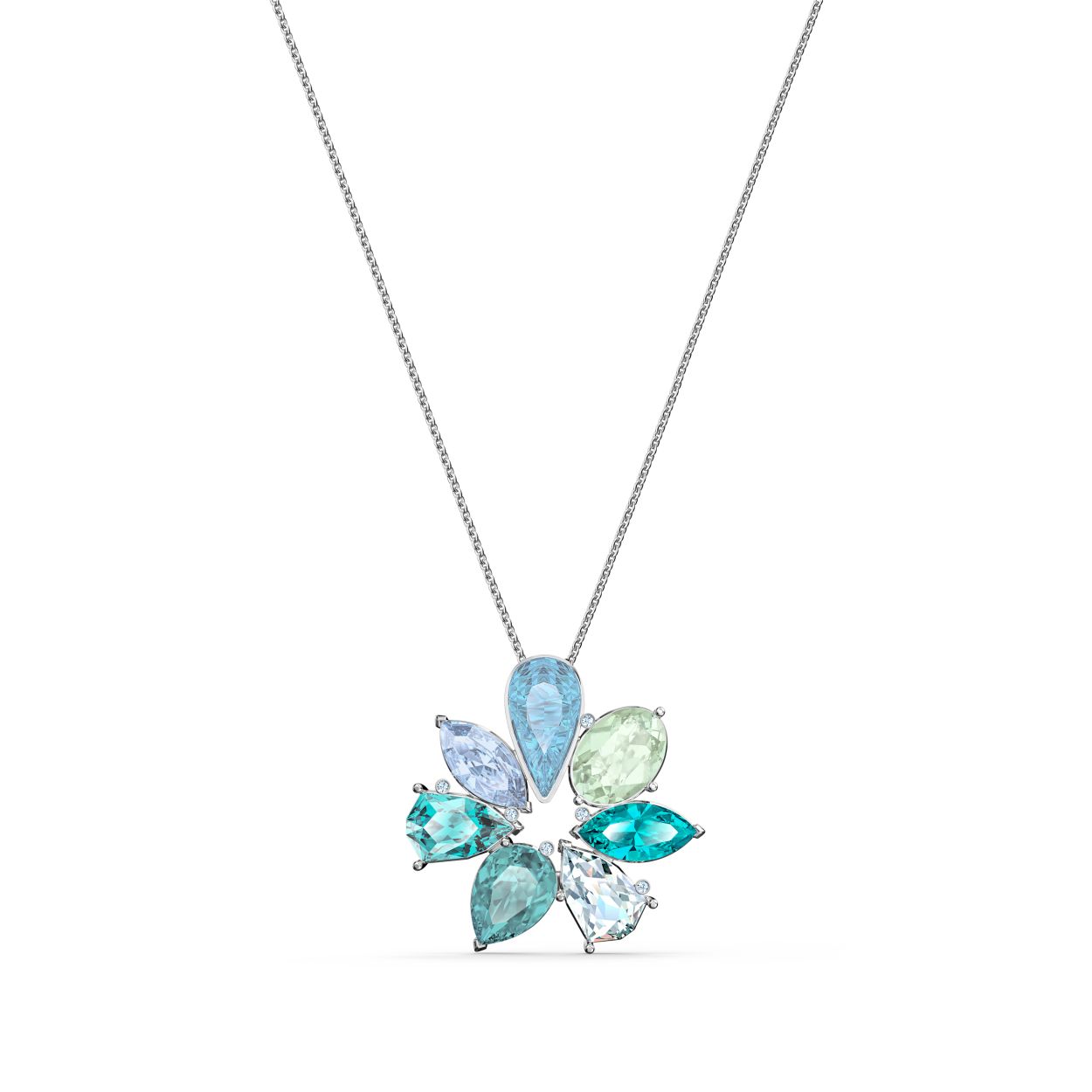 Deze bloemhanger van Swarovski biedt een veelzijdig vleugje glamour. De blauwe en groene kristallen en rodium toplaag zorgen voor een heldere en opvallende look die alledaagse outfits onmiddellijk opfrist. Een ideaal cadeau voor iedereen die van pure, verfijnde designs houdt. De hanger is bevestigd aan een ketting.