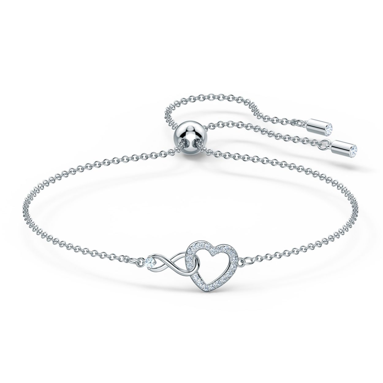 Deze rodium-vergulde armband van Swarovski is een uitdrukking van eeuwige liefde. Hij bevat een in elkaar verweven hart en een oneindigheidssymbool. Een enkel, helder kristal siert het oneindigheidssymbool en voegt een briljant detail toe aan het design. Deze Swarovski-armband is het perfecte cadeau voor een belangrijke vrouw in je leven.