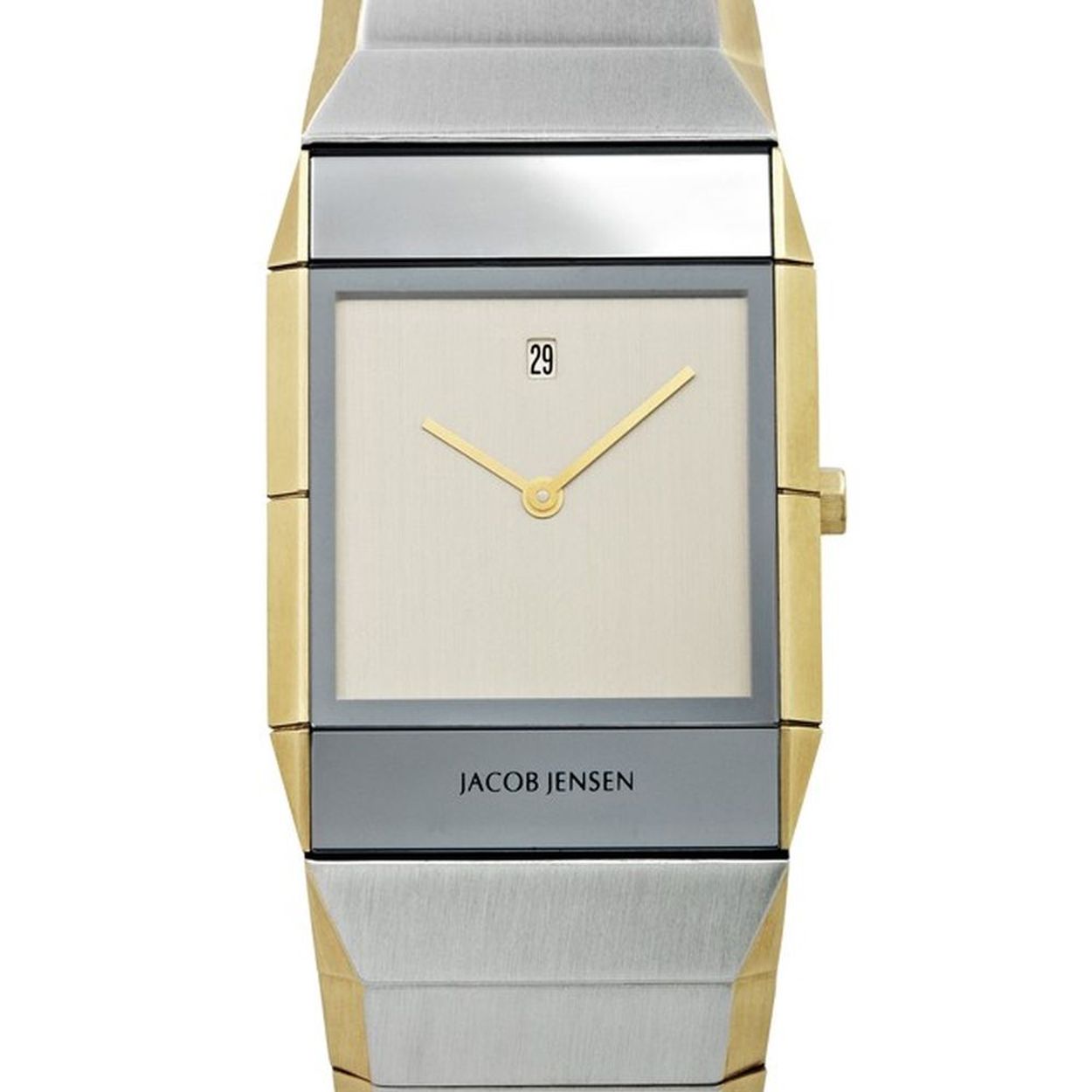 Drie saffier glazen aan voorzijde kast sieren dit strak design horloge. In de bicolor uitvoering mag je gezien worden.