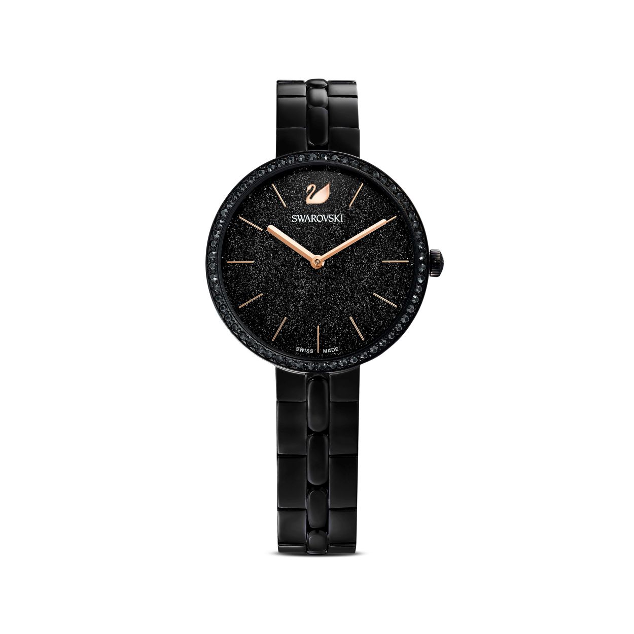 Elegant, gestroomlijnd, casual: dit horloge van Swarovski heeft een trendy design dat is versierd met sprankelende kristallen. Roségoudkleurige tijdmarkeringen contrasteren mooi met de zwartkleurige PVD-gecoate roestvrijstalen horlogekast en horlogeband, en de glinsterende zwarte wijzerplaat. De ring is bezet met glinsterende pavé en voegt een vleugje glamour toe. Dit in Zwitserland vervaardigde horloge is een geweldige look voor elke gelegenheid en ideaal voor casual en tegelijkertijd modieuze outfits.
Artikelnr.: 5547646
Collectie:  Cosmopolitan
Kleur:  Zwart
Grootte horlogekast: 32 mm
Horlogebandje lengte: 16.5 cm
Materiaal:  Kristallen, Zwart PVD
Type sluiting:  Vouwbare sluiting
Materiaal horlogebandje:  Metaal
Gemaakt in:  Zwitserland
Mechanisme:  Kwarts