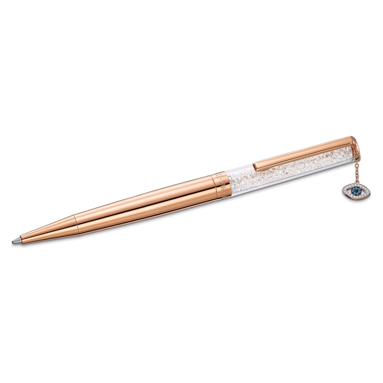 Echt uniek: Deze balpen van Swarovski is zowel trendy als praktisch. De pen is met behulp van de kenmerkende Crystalline-techniek bezet met honderden glinsterende kleine kristallen en bevat ook een gedetailleerde bedel in de vorm van een oog, geinspireerd door symbolen om kwade invloeden af te weren. Deze bedel glinstert met helder kristallen pave en bevat een blauw kristal in het midden. Hij wordt bevestigd met een karabijnsluiting en kan worden verwijderd om met andere accessoires of sieraden te worden gedragen. Deze pen is gemakkelijk bij te vullen en opent door in het middel snel te draaien. Een charmant cadeau voor veel verschillende gelegenheden.