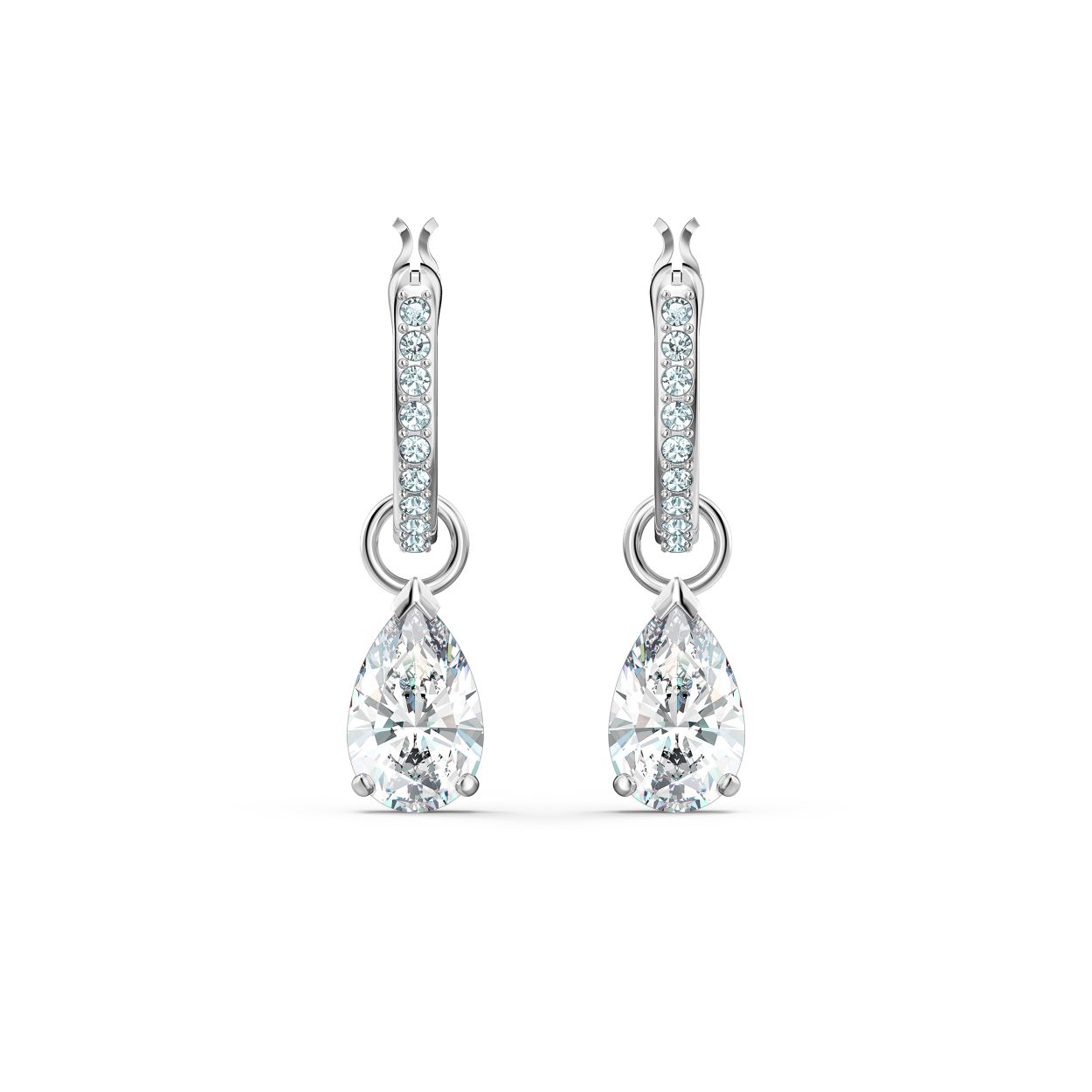 Deze steekoorbellen van Swarovski zijn uiterst veelzijdig. Elke oorbel bestaat uit twee delen: een ring versierd met sprankelend pave en een enkel druppelvormig kristal eraan bevestigd. Verwijder eenvoudig de bungelende elementen om verschillende looks te creeren. Een geweldige manier om alledaagse outfits af te maken.