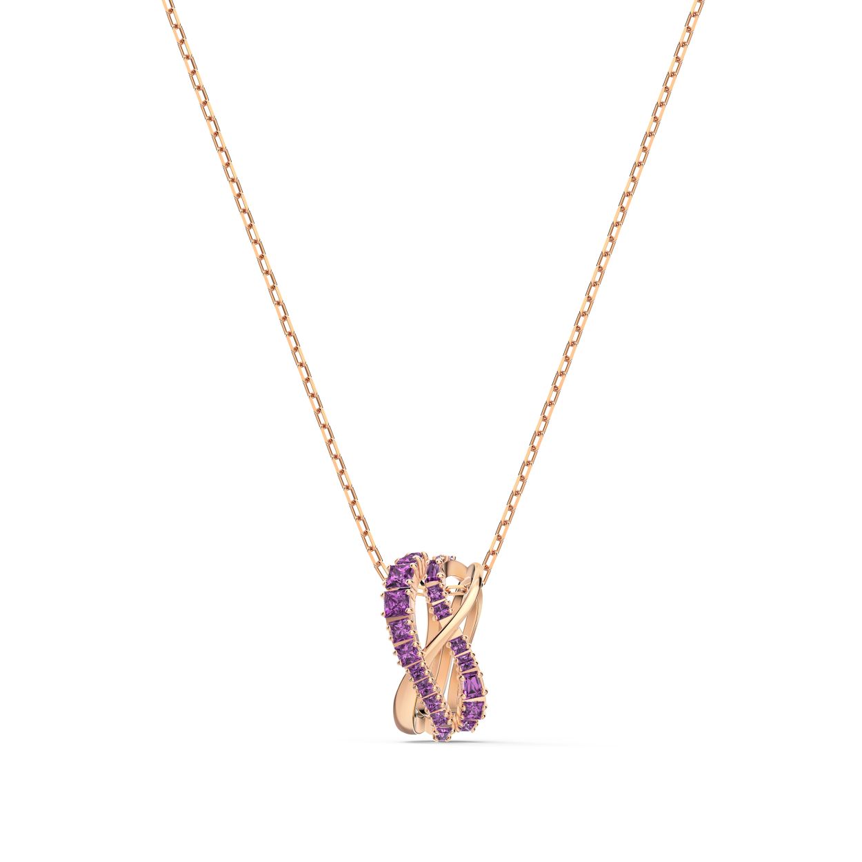 Elegantie en zacht gebogen vormen onderscheiden deze hanger van Swarovski en geven een nieuwe draai aan de spiraaltrend. Glinsterende lijnen vloeien prachtig in elkaar over en zijn versierd met rijen paarse kristallen die op briljante wijze schitteren wanneer ze invallend licht reflecteren. De bijpassende karabijnsluiting van de ketting vult de hanger prachtig aan. Hij is zowel puur als stralend en een geweldige aanvulling op je dagelijkse stijlen.