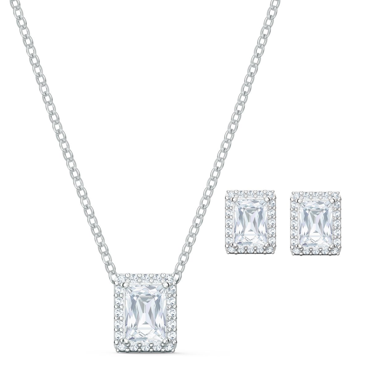Deze prachtige sieradenset van Swarovski benadrukt tijdloze puurheid en elegantie. Hij bevat een glinsterende ketting versierd met een, glimmend wit kristal dat is gesneden in een gefacetteerde rechthoekige vorm, schitterend geaccentueerd door aanvullende witte elementen die het kristal omringen. De oorknopjes weerspiegelen het design van de ketting en creeren een uniek ensemble dat perfect is om een elegant accent aan je stijl toe te voegen. Een geinspireerd cadeau-idee.
