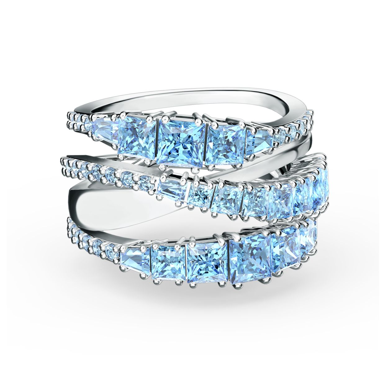 Twist-overslagring, Blauw, Rodium-verguld.
Deze prachtige ring van Swarovski is zowel complex als weelderig en herintroduceert de spiraaltrend op schitterende wijze. De ring viert het 125-jarig jubileum van Swarovski en is voorzien van zacht gebogen lijnen van lichtblauwe kristallen in verschillende formaten en ronde, vierkante en taps toelopende baguette-vormen die op briljante wijze sprankelen met een stralend vertoon van deskundig vakmanschap. Het elegante design is glanzend afgewerkt waardoor hij perfect is om je stijl aan te kleden en een stralend vleugje glamour aan je look toe te voegen.