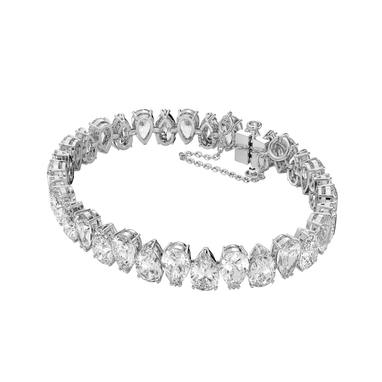 De dynamische armband is elegant vervaardigd van stenen met een Pear-slijpvorm in een klauwzetting met rhodium plating en is afgewerkt met een verborgen sluiting. Dit vloeiende sieraad met een luxe afwerking kan afzonderlijk gedragen worden of gecombineerd worden met andere armbanden uit de Millenia-lijn voor een opvallende en toch moderne look. Deze armband maakt onderdeel uit van de Millenia-lijn en is ontworpen door Creative Director Giovanna Engelbert voor Collection II.