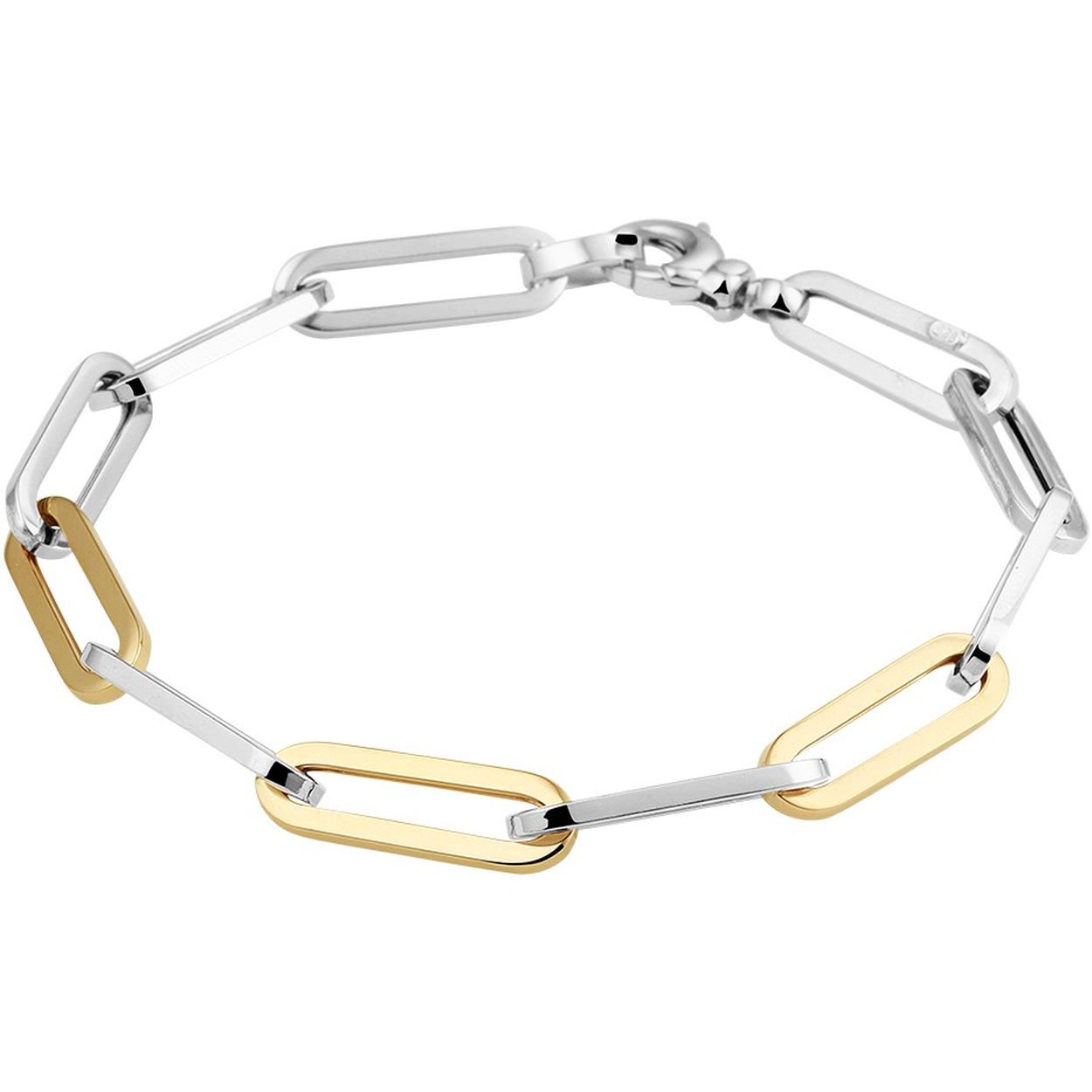 14k Geelgouden en 925 zilveren anker armband met een schakelbreedte van 5.7mm. De armband heeft een draaglengte van 19cm en is uitgevoerd met een stevige karabijn sluiting.