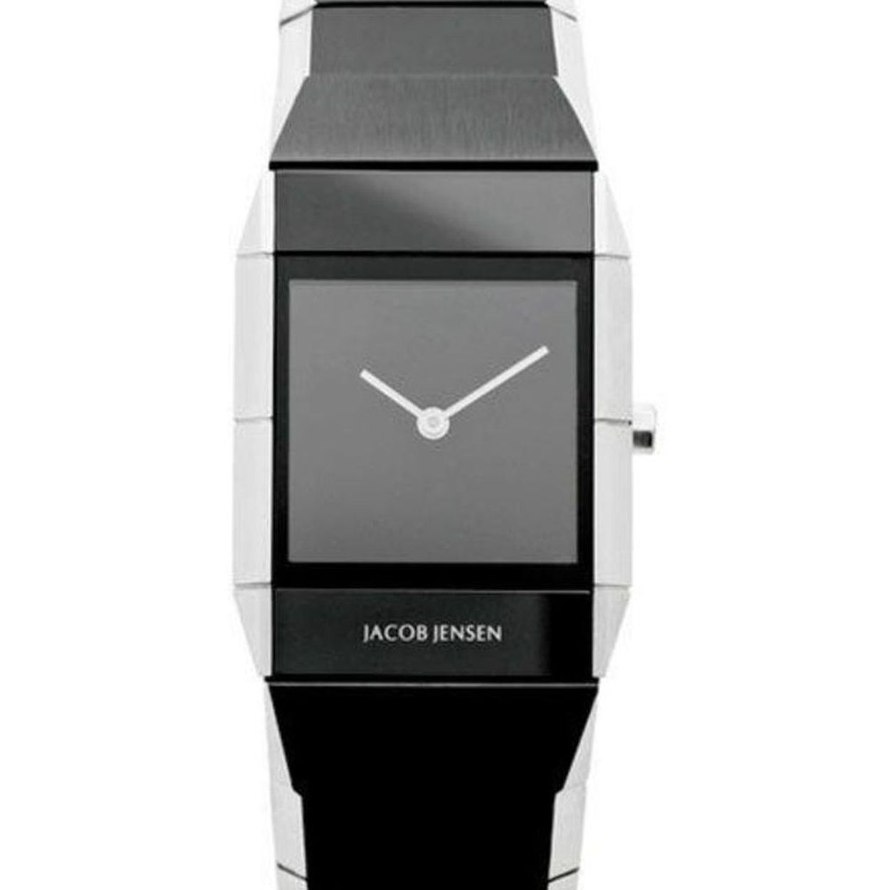 Maar liefst drie saffier glazen sieren dit prachtig design horloge van Jacob Jensen. Het staal is mooi donker van kleur.