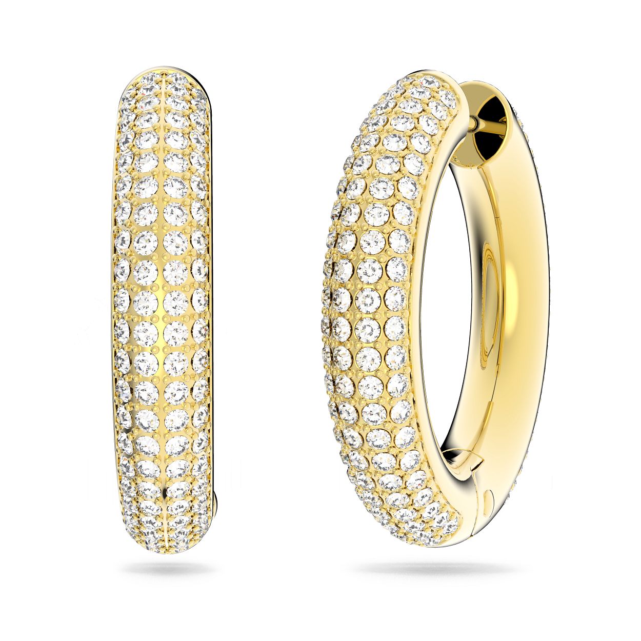 Deze gedetailleerde maar gedurfde middelgrote oorringen, die vervaardigd zijn met Swarovski's verfijnde pavé-techniek  maken een modern statement. Fijne, witte kristallen ingebed in gerhodineerde instellingen benadrukken een industrieel geïnspireerd ontwerp dat je alleen kunt dragen of op het oor kunt stapelen met andere stukken uit de Dextera-familie. Deze oorbellen maken deel uit van de Dextera-familie, ontworpen door Creative Director Giovanna Engelbert voor Collection II.