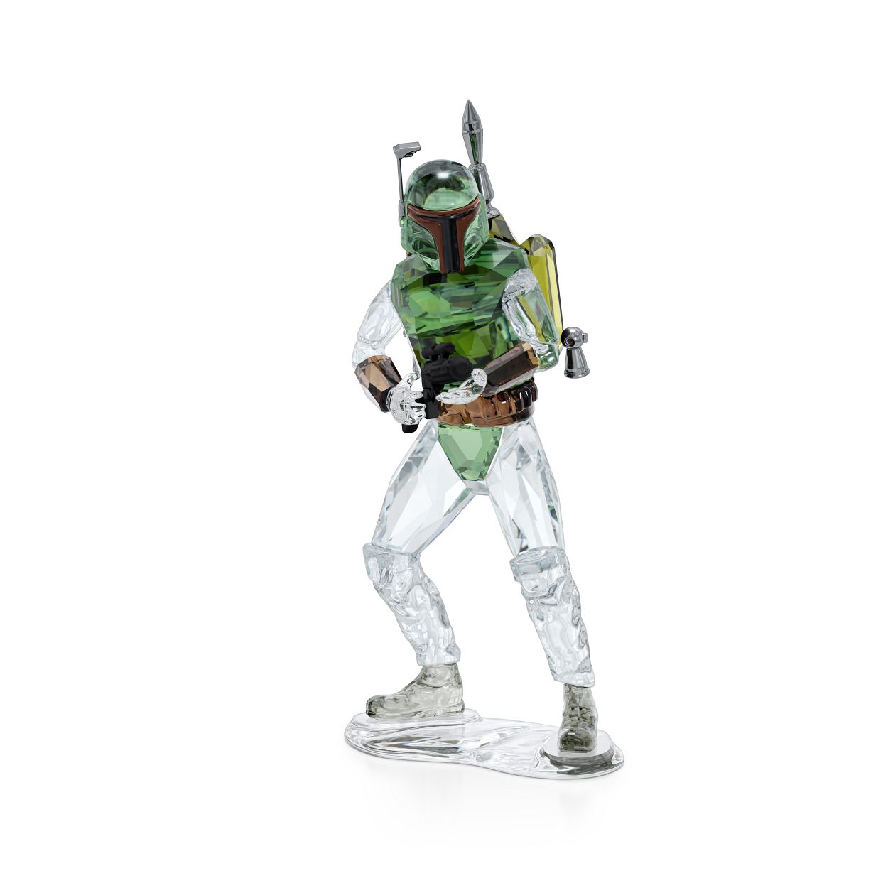 We hebben het vakkundig vervaardigde figuurtje van de geduchte Mandalorian-premiejager Boba Fett aan onze groeiende Star Wars-collectie toegevoegd. Het design is vervaardigd uit groen, bruin, grijs en helder kristal met 542 facetten en bevat zwarte metalen accenten en zwarte en bruine geprinte details. Een fantastisch item voor verzamelaars en een onvergetelijk cadeau voor Star Wars-fans. Decoratieobject. Geen speelgoed. Niet geschikt voor kinderen jonger dan 15 jaar.