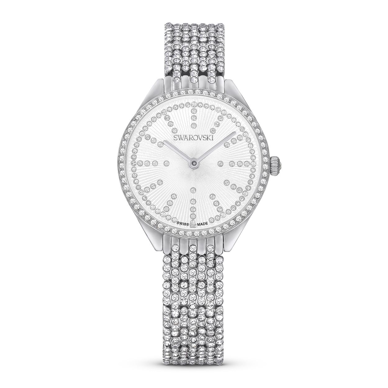 De eenvoud van edelstaal wordt op prachtige wijze benadrukt in dit Swiss Made-horloge dankzij het schitterende gebruik van 433 kristallen. De zilverkleurige wijzerplaat met guilloche bevat kristallen uuraanduidingen, en de smalle lunette en armband bevatten elk een eigen pave van stralende heldere kristallen. Het horloge van 30 mm is waterbestendig tot 50 m. en is voorzien van een steen in de kroon. De algehele look is ontworpen om een subtiel en toch merkbare impact te maken op elke outfit die u draagt.