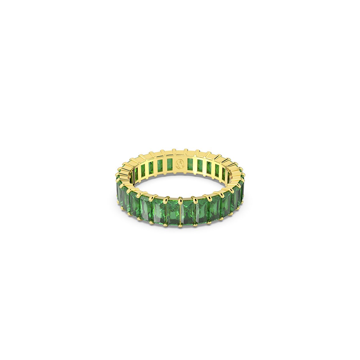 Deze Matrix-ring is vervaardigd met een strakke cirkel van kristallen en vormt een betoverende aanvulling op uw sieradendoos. Diepgroene stenen met een princess baguette-slijpvorm zijn gezet op een band met goudkleurige toplaag aan de hand van een proces waarin wetenschap en magie samenkomen. Dit stralende accessoire kan eenvoudig gecombineerd worden voor verschillende gelegenheden.