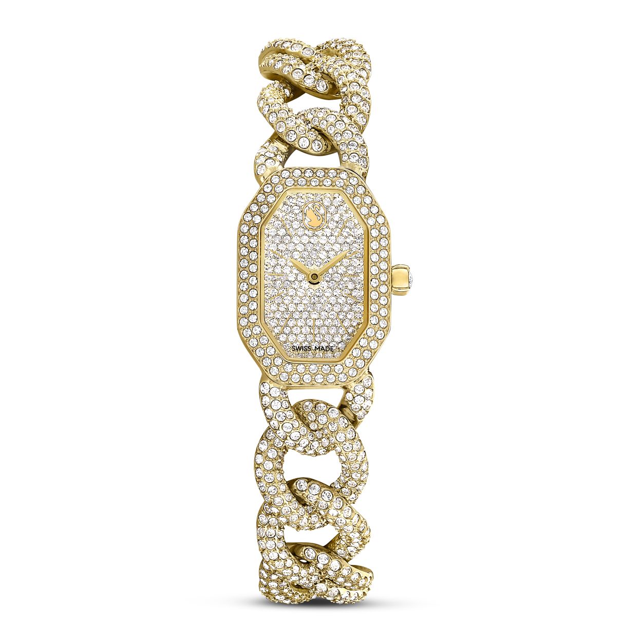 Dit oogverblindende horloge met de iconische achthoekige vorm van Swarovski is bezet met 815 kristallen en voelt aan als een verfijnd sieraad. De prachtige kast met goudkleurige toplaag en glinsterende pavé op de lunette is 44 mm lang. De wijzerplaat schittert de hele dag dankzij de 192 kristallen in Round-slijpvorm en een elegant zwaanlogo ter hoogte van de 12. Het horloge wordt om de pols gedragen aan een verstelbare gourmetschakel versierd met 530 kristallen. Ook op de kroon prijkt een kristal. Dit Swiss made horloge is waterbestendig tot 30 meter en is een spectaculaire keuze als u voor alledaagse glamour en weelde bij speciale gelegenheden gaat.