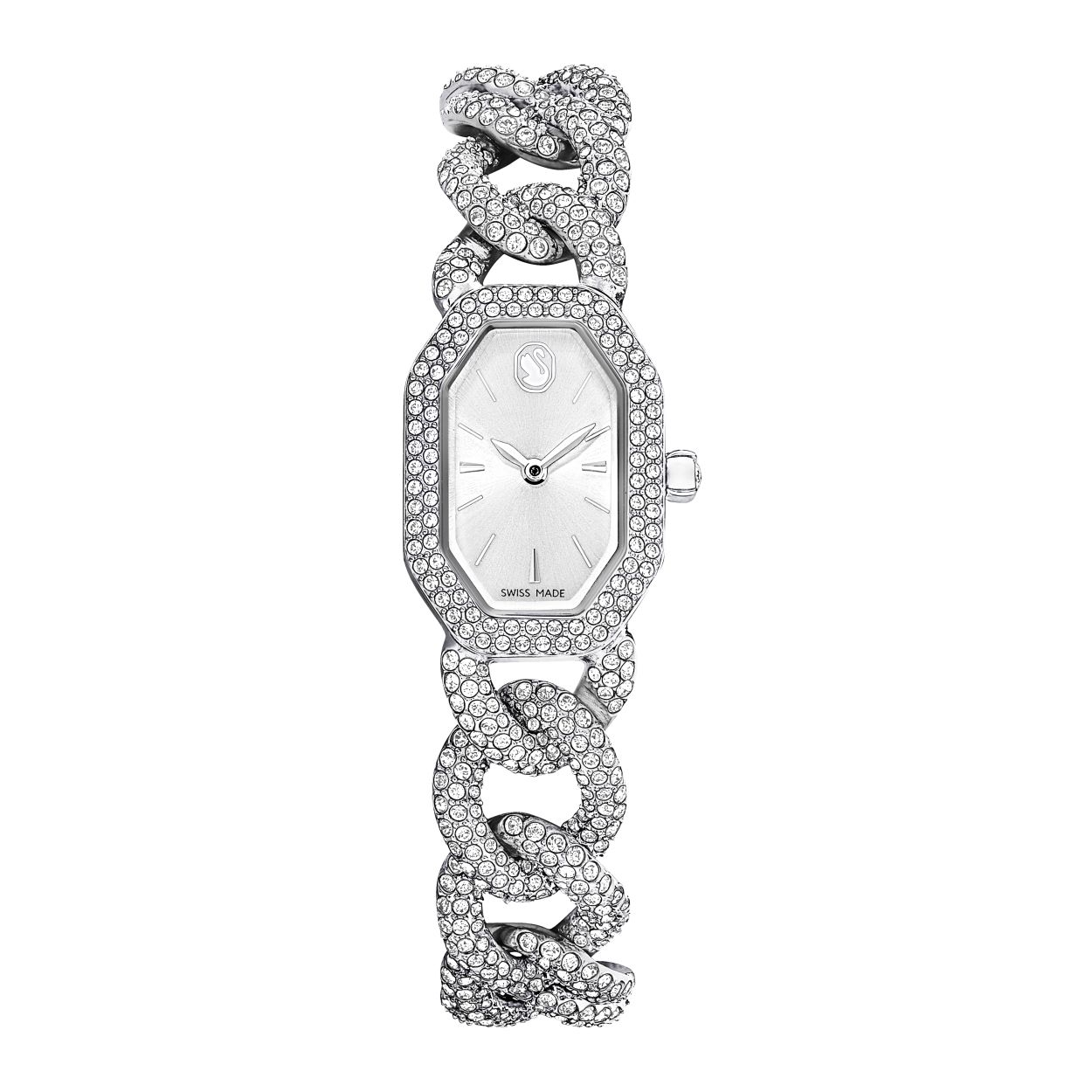 Dit oogverblindende horloge met de iconische achthoekige vorm van Swarovski is bezet met 623 kristallen en voelt aan als een verfijnd sieraad. De edelstalen kast met glinsterende pavé op de lunette is 44 mm lang en heeft een wijzerplaat met zonnestralenpatroon met een elegant zwaanlogo ter hoogte van de 12. Het horloge wordt om de pols gedragen aan een verstelbare gourmetschakel versierd met 530 kristallen. Ook op de kroon prijkt een kristal. Dit Swiss made horloge is waterbestendig tot 30 meter en is een spectaculaire keuze als u voor alledaagse glamour en weelde bij speciale gelegenheden gaat.