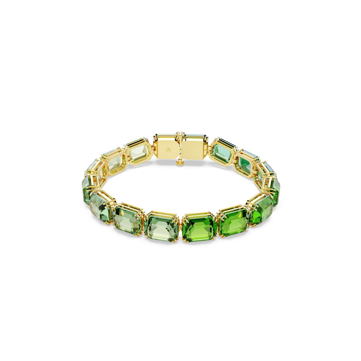 Maak elke look speciaal met deze fascinerende Millenia-tennisarmband die straalt met verschillende groentinten. Het ontwerp met een goudkleurige toplaag bevat een volledige rij van achthoekige kristallen, waarbij elke steen blijk geeft van het vakmanschap van de dubbele klauwzetting van Swarovski, en de rijke kleuren van de Millenia-lijn. Ideaal als cadeau voor uzelf.