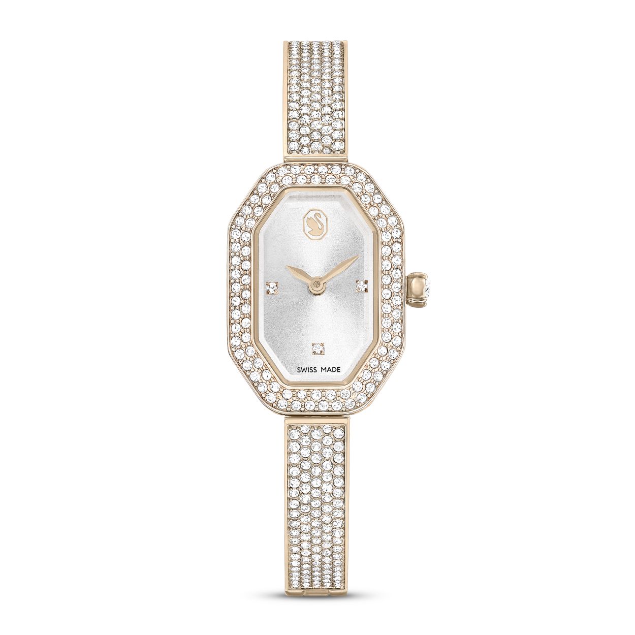 Dit Dextera-armbandhorloge heeft de iconische achthoekige vorm van Swarovski en is een toonbeeld van symmetrie aan de pols. De kast met champagnegoudkleurige afwerking meet 20 x 30,5 mm en is voorzien van een pav� met 92 kristallen op de lunette. Dit verschaft een unieke omlijsting voor de wijzerplaat met zonnestralenpatroon, waarop naast het zwaanlogo ter hoogte van de 12 drie kristallen indexmarkeringen prijken. Naast de glinsterende steen in de kroon wordt het horloge ook tot leven gebracht dankzij 194 kristallen op de verstelbare armband, voor optimale schoonheid op elk moment van de dag. Dit Swiss made horloge is waterbestendig tot 30 m en combineert vreugdevolle extravagantie met de kenmerkende savoir-faire van Swarovski.