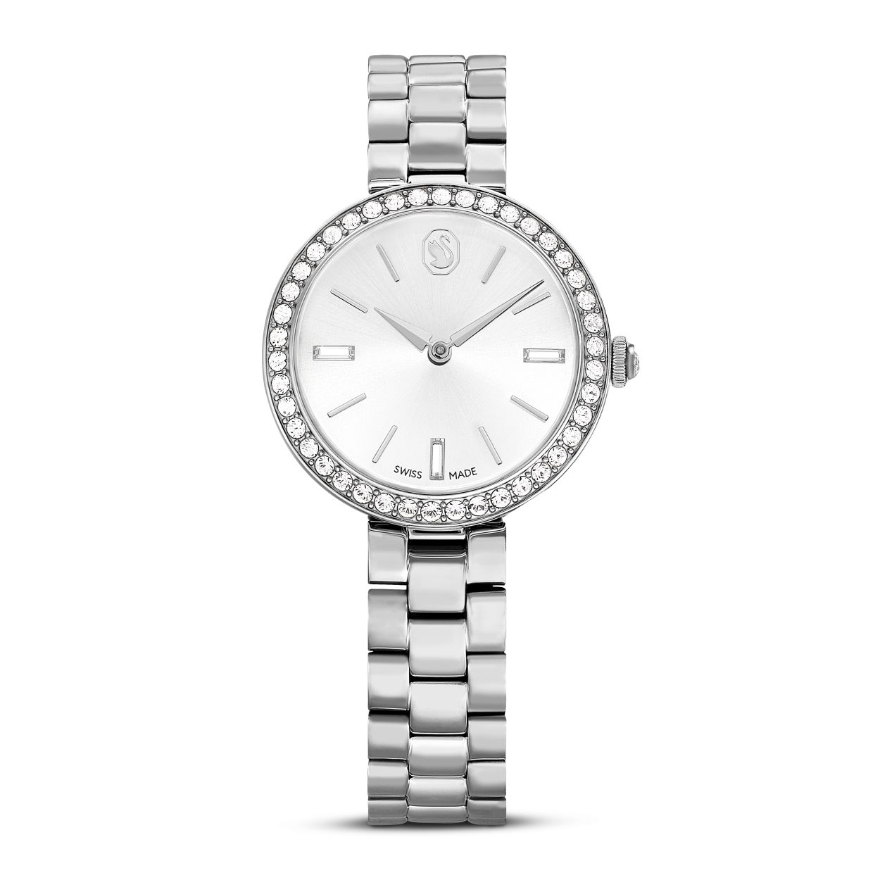Dit Certa-horloge combineert de stralende glinstering van Swarovski met eigentijds design en is de perfecte combinatie van vakmanschap en functionaliteit. De edelstalen kast van 30 mm is voorzien van een lunette bezet met een glinsterend pav� van 42 kristallen. Op de stralende sunray wijzerplaat met zonnestraalpatroon prijken een elegant zwaanlogo ter hoogte van de 12 en drie uuraanduidingen met kristallen in Baguette-slijpvorm. In de kroon is een kristal gezet en de metalen armband met drie schakels zit comfortabel om de pols. Dit Swiss Made horloge is waterbestendig tot 50 meter en vormt een tijdloze keuze als aanvulling op uw dagelijkse stijl.