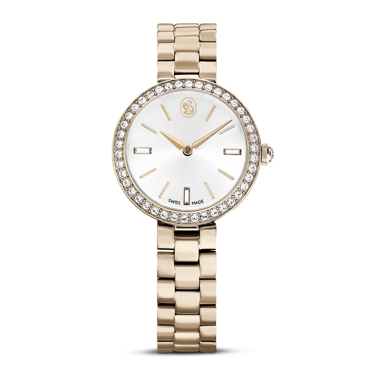 Dit Certa-horloge combineert de stralende glinstering van Swarovski met eigentijds design en is de perfecte combinatie van vakmanschap en functionaliteit. De edelstalen kast van 30 mm heeft een warme champagnegoudkleurige afwerking en een lunette bezet met een glinsterend pavé van 42 kristallen. Op de stralende sunray wijzerplaat met zonnestralenpatroon prijken een elegant zwaanlogo ter hoogte van de 12 en drie uuraanduidingen met kristallen in Baguette-slijpvorm. In de kroon is een kristal gezet en de metalen armband met drie schakels zit comfortabel om de pols. Dit Swiss Made horloge is waterbestendig tot 50 meter en vormt een elegante keuze als aanvulling op uw dagelijkse stijl.