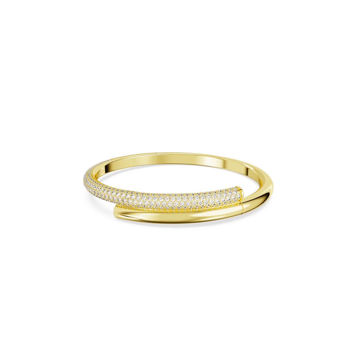 Deze gekruiste armband met een elegante lus om de pols zorgt voor een maximale impact. Het tubulaire ontwerp biedt de perfecte combinatie van klassieke en moderne stijlen, met een band met een goudkleurige toplaag die half is gedecoreerd met all-over helder kristalpav�. De armband is voorzien van een verborgen magneetsluiting, voor een perfecte afwerking. Een luxueus sieraad dat elke outfit die u draagt nog specialer maakt.