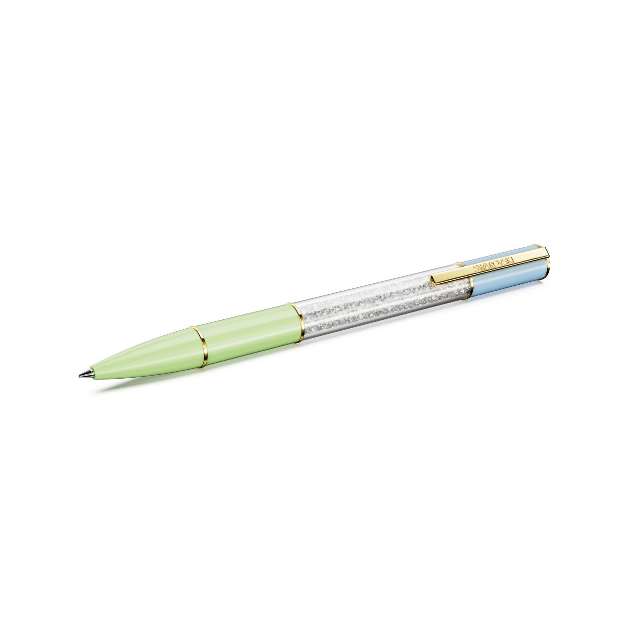 Voor de luxe Crystalline Lustre-balpen hebben wij ons laten inspireren door felle kleuren. Dit opvallende schrijfinstrument heeft een ronde huls in het blauw en groen met goudkleurige accenten, waaronder een functionele clip waarin de naam Swarovski is gegraveerd. In het midden is dit opvallende ontwerp verfraaid met ongeveer 480 glinsterende kristallen, die stuk voor stuk minutieus zijn toegevoegd met behulp van de iconische Crystalline-techniek. Een opvallende verschijning op uw bureau of een bijzonder cadeau voor de schrijvers in uw leven. Zwarte en blauwe navullingen zijn verkrijgbaar in de Swarovski-store.