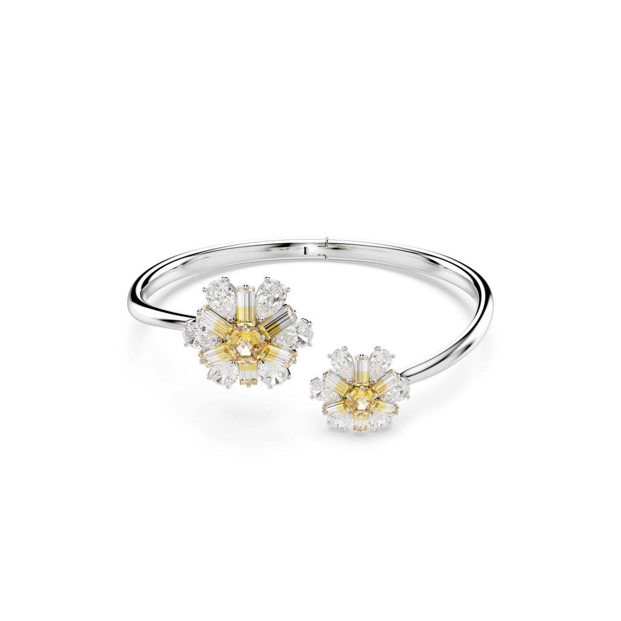 Deze Idyllia-armband is een toonbeeld van Swarovski savoir-faire en combineert een verfrissende mix aan slijpvormen en kleuren. Op het ontwerp met rhodium toplaag prijken twee delicate bloemen met gele en heldere Swarovski Zirkonia in een opvallend kleurverloop voor een moderne uitstraling. Een opvallend sieraad dat uw alledaagse stijl een natuurlijk schitterend accent geeft.