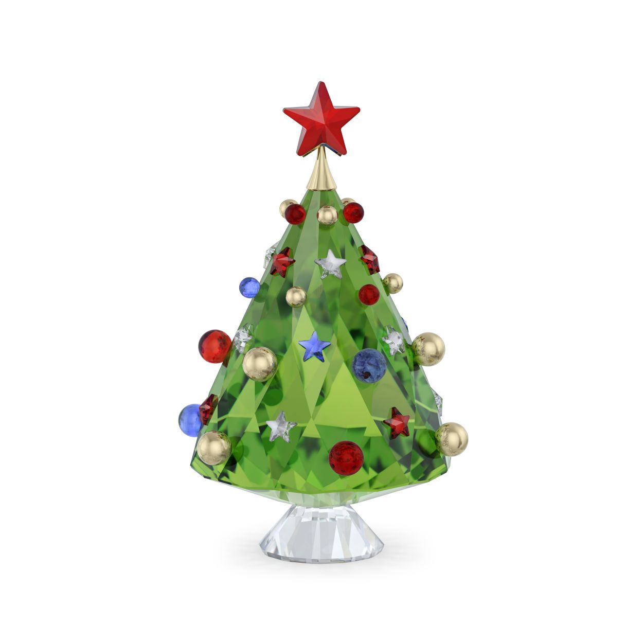 Deze stralende kerstboom is om verliefd op te worden! Deze glinsterende groene decoratie bestaat uit 502 facetten en is versierd met goudkleurige kerstballen en kristallen in feestelijke tinten. Een rode ster als piek maakt dit spectaculaire stuk helemaal af. Zet het als pronkstuk op de eettafel om gevoelens van vreugde en verwondering op te roepen. Decoratief voorwerp. Geen speelgoed. Niet geschikt voor kinderen onder de 15 jaar.