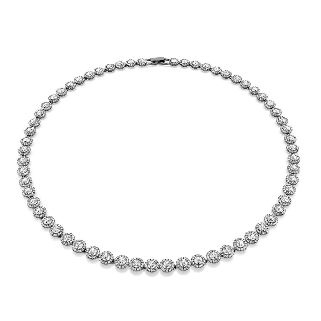 Laat elke dag nog meer schitteren met deze stralende Una-ketting. Het ontwerp met ruthenium toplaag is langer dan de standaard Una Angelic-ketting en heeft afzonderlijke schakels die elk bezet zijn met een briljant kristal in het midden en een ring van kleinere kristallen in Round-slijpvorm. Een spectaculaire stijl die gecombineerd kan worden met bijpassende stukken uit dezelfde lijn.