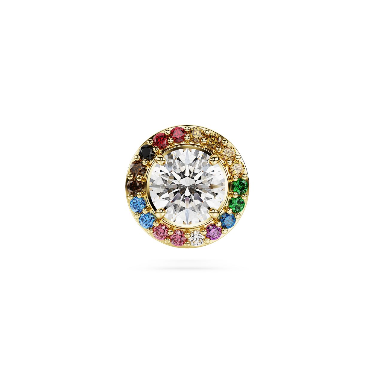 Deze elegante pin geeft elke outfit een mooi accent. Het ontwerp met goudkleurige toplaag heeft een grote Swarovski Zirkonia in het midden met een cirkel van regenboogkleurige stenen in een verfijnde klauwzetting daaromheen. Deze pin is gemaakt voor zelfexpressie en kan worden gecombineerd met een bijpassend sieraad in dezelfde kleuren.