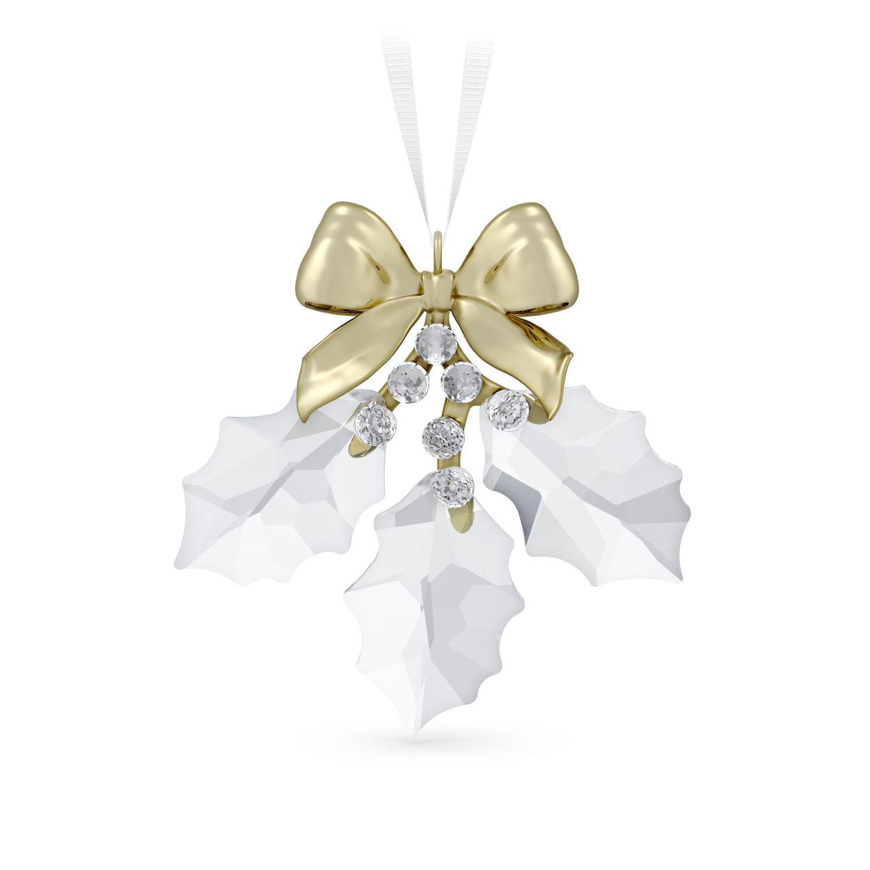 Dit ornament in de vorm van hulstblaadjes vormt een elegante toevoeging aan uw kerstdecoraties en is een verfijnde keuze. Het ontwerp schittert met 868 facetten en heeft een prachtige champagnegoudkleurige metalen strik aan een wit ripsband lint. De zeven extra kristallen doen dienst als bessen. Hang dit stuk in uw kerstboom om een schitterend spektakel te creëren. Decoratief voorwerp. Geen speelgoed. Niet geschikt voor kinderen onder de 15 jaar.