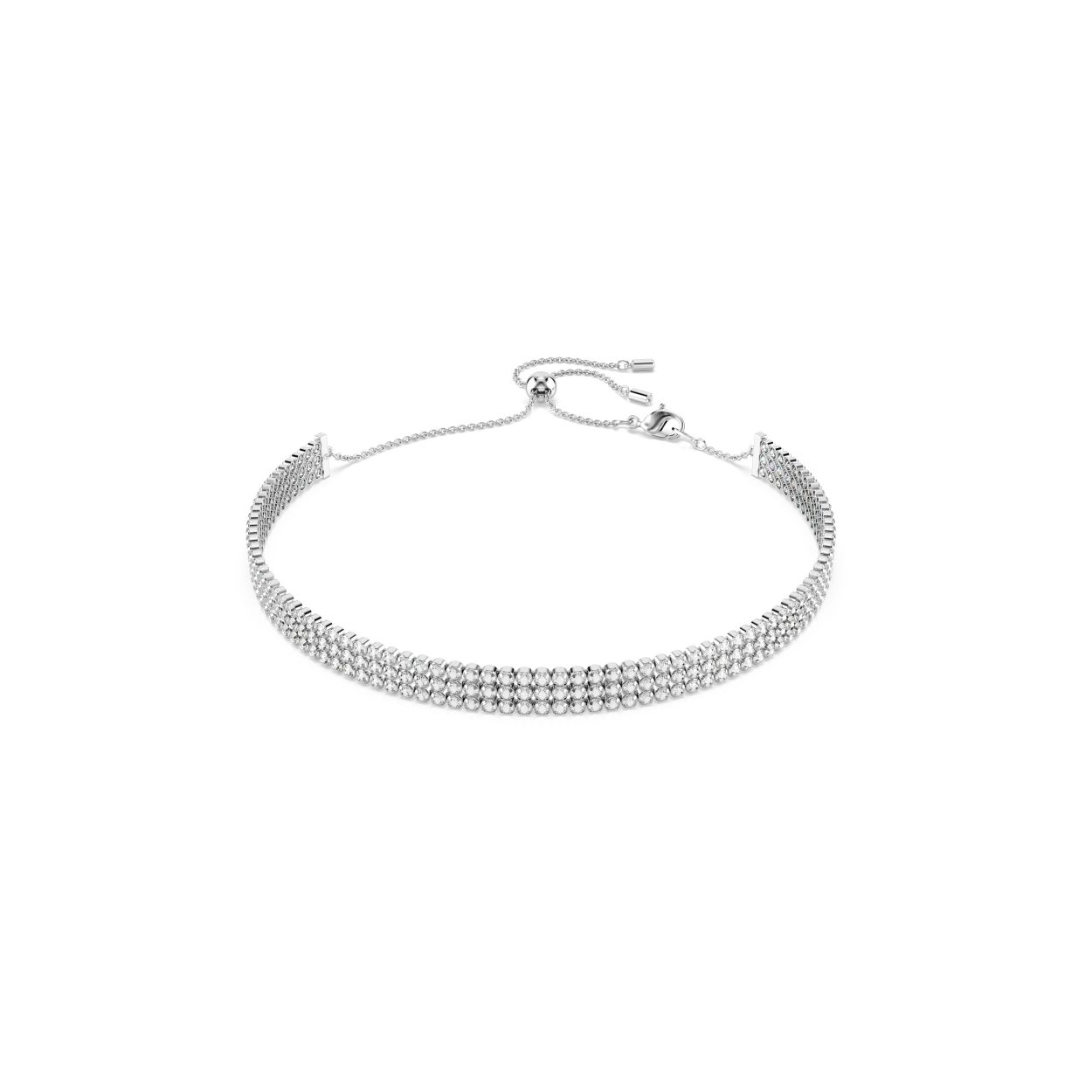 Deze prachtige choker is een toonbeeld van elegantie en laat Swarovskis meesterschap van licht zien. Het ontwerp met rhodium toplaag bestaat uit drie rijen cupchain bezet met heldere Swarovski Zirkonia in Round-slijpvorm. Dankzij de glijdende kogelsluiting kunt u het sieraad eenvoudig verstellen. Omarm een look van pure luxe door deze choker te combineren met een bijpassende Matrix-armband.