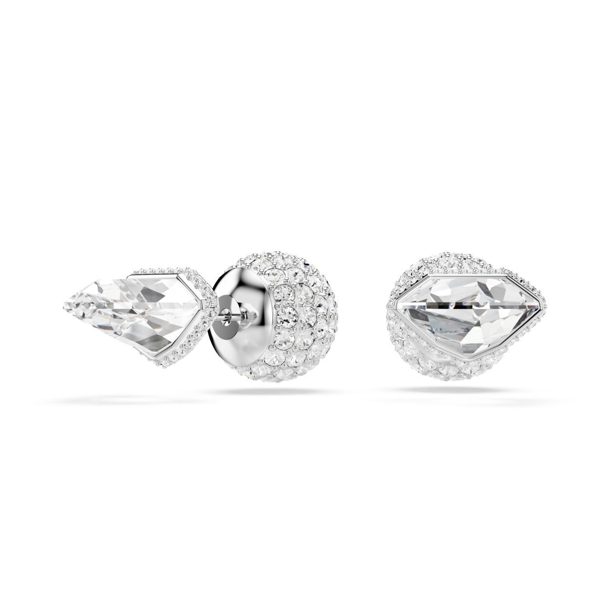 Deze veelzijdige Lucent-oorknoppen stimuleren creativiteit op het gebied van styling. De sieraden met rhodium toplaag zijn voorzien van een facetgeslepen heldere kristal aan de voorkant en twee mogelijkheden voor de achterkant: een gladde witte Pearl bolsluiting of een bol versierd met een kristallen pavé in Round-slijpvorm. Een uniek sieraad dat tot de verbeelding spreekt.