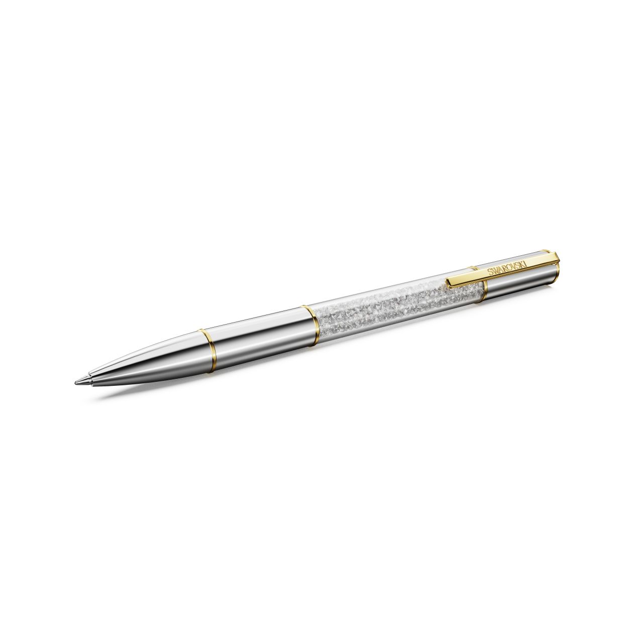 De Crystalline Lustre-balpen combineert creativiteit met luxe. Dit opvallende schrijfinstrument heeft een zilverkleurige ronde huls met goudkleurige accenten, waaronder een functionele clip waarin de naam Swarovski is gegraveerd. In het midden is dit opvallende ontwerp verfraaid met ongeveer 480 glinsterende kristallen, die stuk voor stuk minutieus zijn toegevoegd met behulp van de iconische Crystalline-techniek. Een opvallende verschijning op uw bureau of een bijzonder cadeau voor de schrijvers in uw leven. Zwarte en blauwe navullingen zijn verkrijgbaar.
