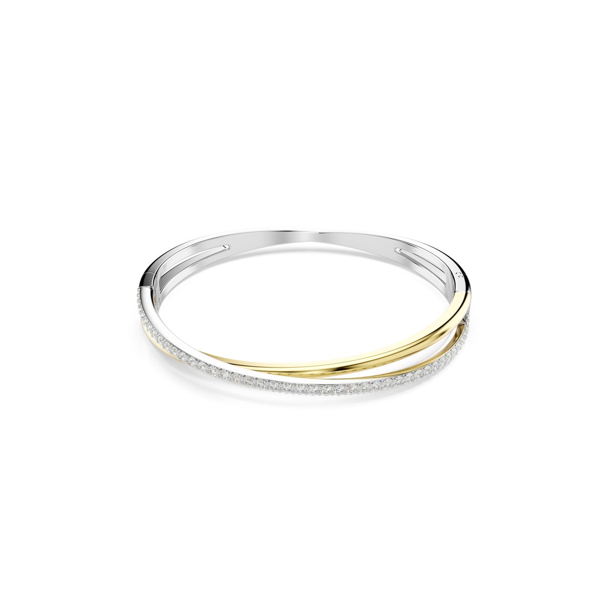 Deze gedraaide Hyperbola-armband is gemaakt met de onmiskenbare savoir-faire van Swarovski. De twee overlappende banden hebben een mix van goudkleurige en rhodium toplagen. Hierin prijken Swarovski Zirkonia in Round-slijpvorm in klauwzetting. Een elegante manier om elke outfit intrigerend te maken.