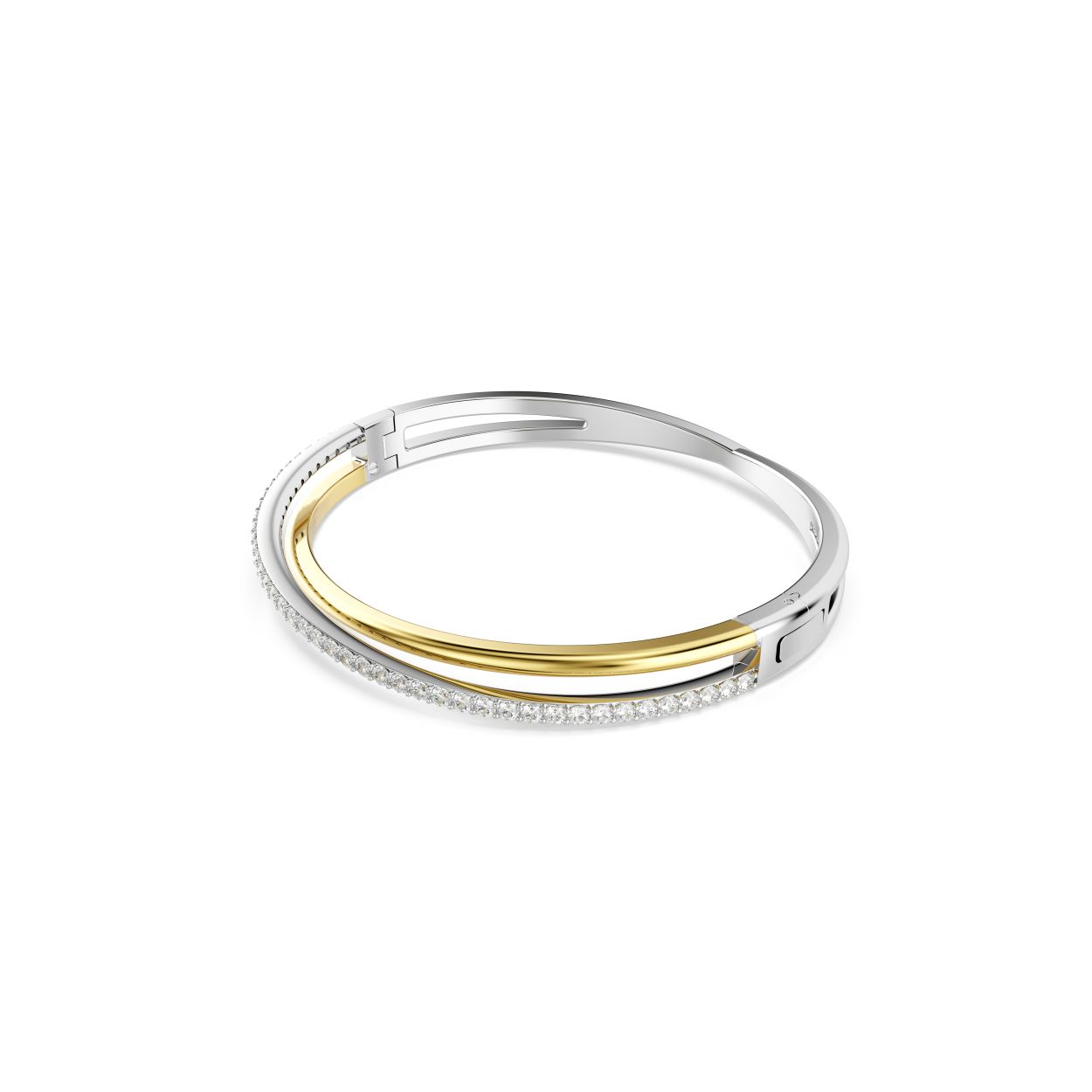 Deze gedraaide Hyperbola-armband is gemaakt met de onmiskenbare savoir-faire van Swarovski. De twee overlappende banden hebben een mix van goudkleurige en rhodium toplagen. Hierin prijken Swarovski Zirkonia in Round-slijpvorm in klauwzetting. Een elegante manier om elke outfit intrigerend te maken.