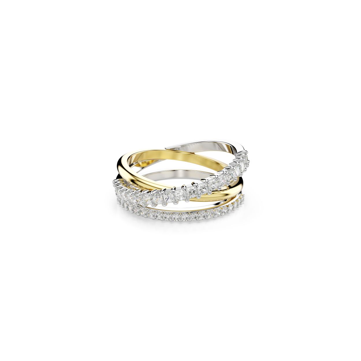 Deze gedraaide Hyperbola-ring integreert meerdere stijlen in één prachtig en complex ontwerp. De ring bestaat uit drie banden in een mix van goudkleurige en rhodium toplagen. Hierin prijken Swarovski Zirkonia in Round- en Square-slijpvorm in een klauwzetting. De perfecte keuze voor wie hun eigen stijlregels bepaalt.