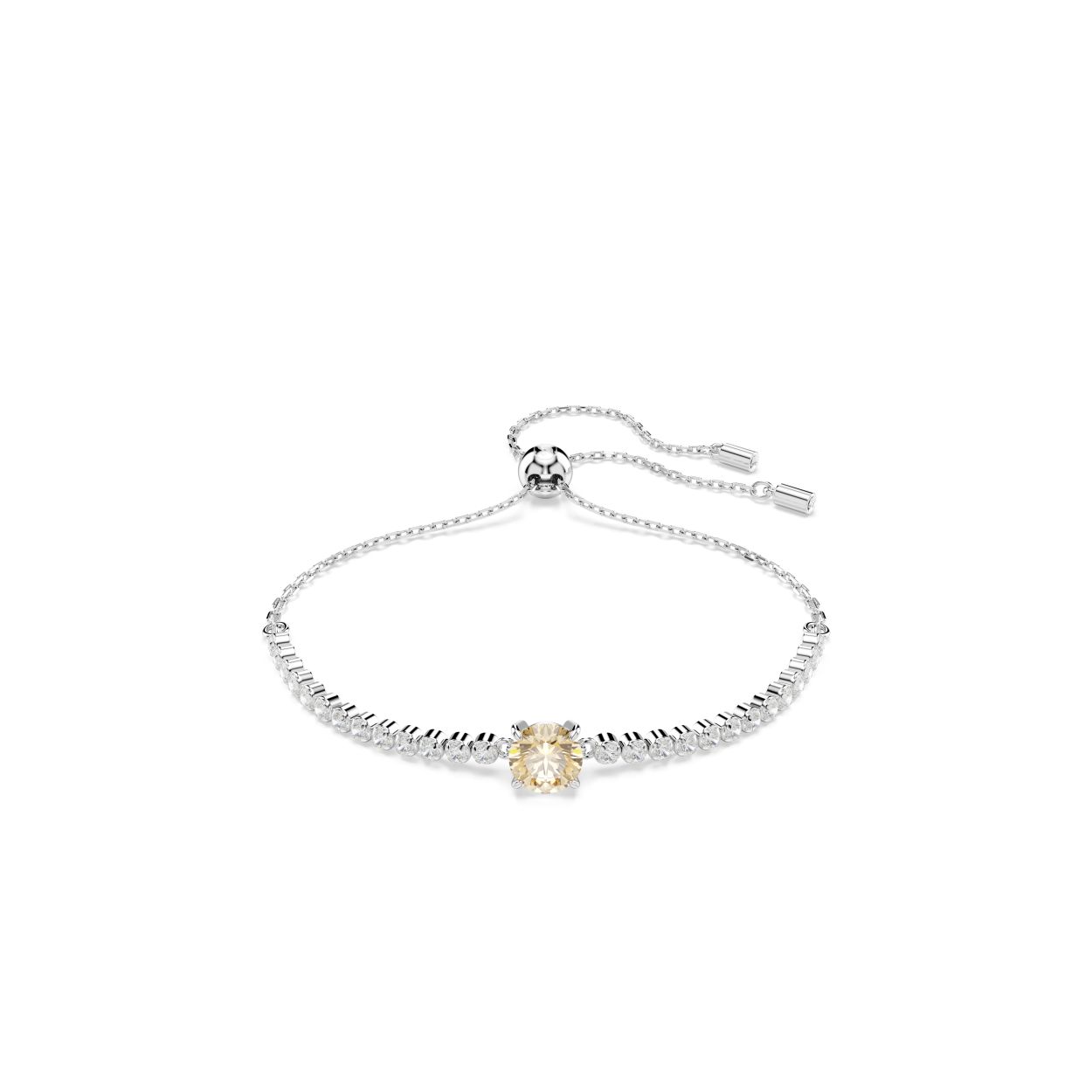 Dit Matrix-stuk is een frisse kijk op de klassieke tennisarmband en combineert heldere Swarovski Zirkonia met een stralend vleugje kleur. Het sieraad met rhodium toplaag heeft een schuifsluiting en een gelijkmatige rij heldere Swarovski Zirkonia die geaccentueerd worden door een champagnekleurige Swarovski Zirkonia in Round-slijpvorm in het midden. Een vreugdevol stralend stuk dat elke outfit verfraait.