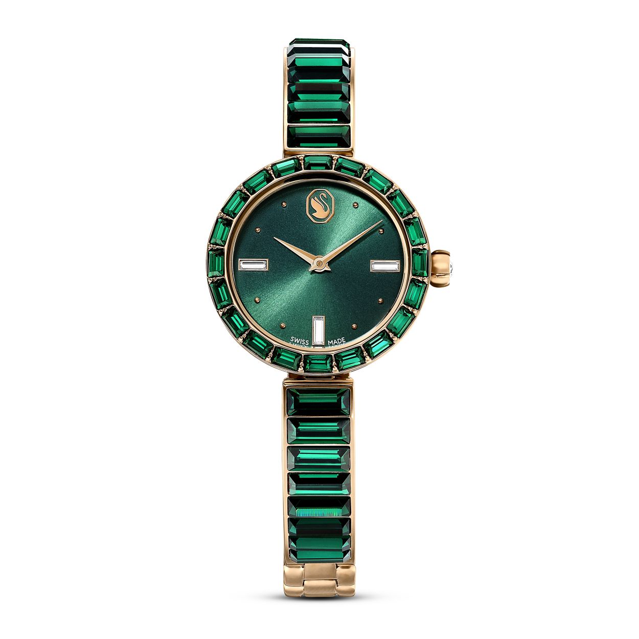 Elegantie wordt versterkt door kristallen in dit prachtige, op sieraden geinspireerde horloge. Het edelstalen ontwerp van 25 mm heeft een champagnegoudkleurige afwerking en wordt omcirkeld door een lunette met 20 groene kristallen in Baguette-slijpvorm, terwijl een enkel kristal is gezet in de kroon. Kristallen in Baguette-slijpvorm accentueren ook drie indexmarkeringen op de groene wijzerplaat met zwaanlogo ter hoogte van de 12. De armband is versierd met 16 groene kristallen in Baguette-slijpvorm en volledig verstelbaar voor een comfortabele pasvorm. Het Swiss Made horloge is waterbestendig tot 50 meter en is het ideale accessoire voor een fascinerend stijlverhaal.