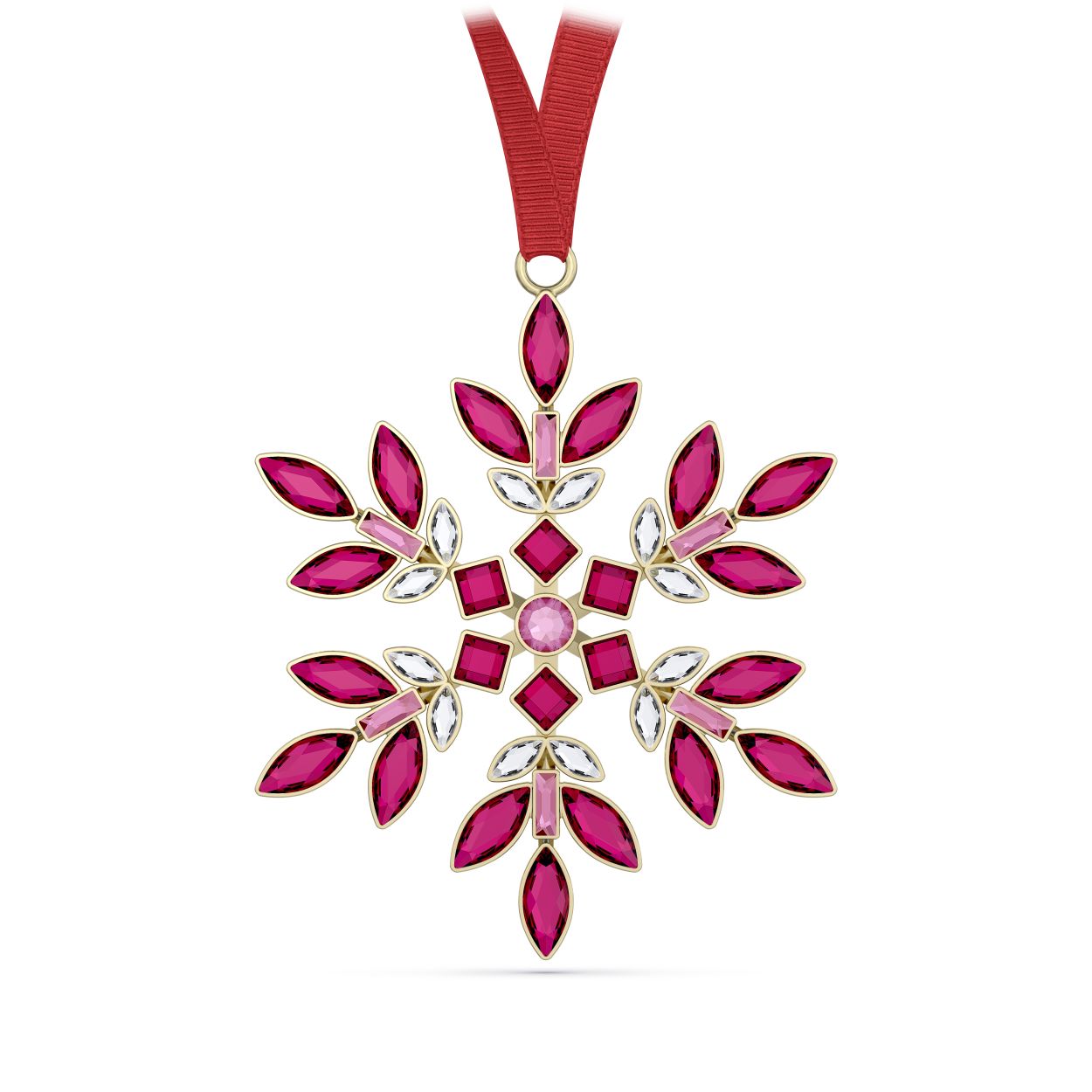 Deze collectie schitterende sneeuwvlokornamenten is geïnspireerd op de levendige Gema-lijn. In de kenmerkende merkkleuren van Swarovski verwijzen ze naar de feestdagen. Dit rode stuk bestaat uit 86 afzonderlijke kristallen in verschillende slijpvormen en tinten, die aan beide zijden zijn aangebracht met behulp van zettechnieken voor sieraden. Het ontwerp hangt aan een rood ripsband lint en is afgewerkt met een glanzende goudkleurige finish. Verzamel alle vier de Gema-sneeuwvlokornamenten voor een vreugdevol, kleurrijk tafereel in huis. Decoratief voorwerp. Geen speelgoed. Niet geschikt voor kinderen onder de 15 jaar.