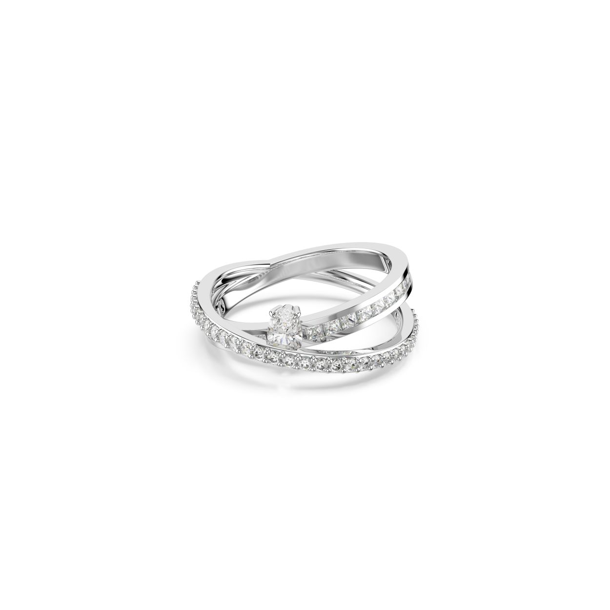 Deze gedraaide Hyperbola-ring integreert meerdere stijlen in één prachtig en compact ontwerp. De twee overlappende banden met rhodium toplaag zijn bezet met heldere Swarovski Zirkonia in sponning- en klauwzetting. Hiertussen is een extra kristal in Oval-slijpvorm geplaatst voor extra impact. Draag het met een bijpassende armband voor een adembenemende look.