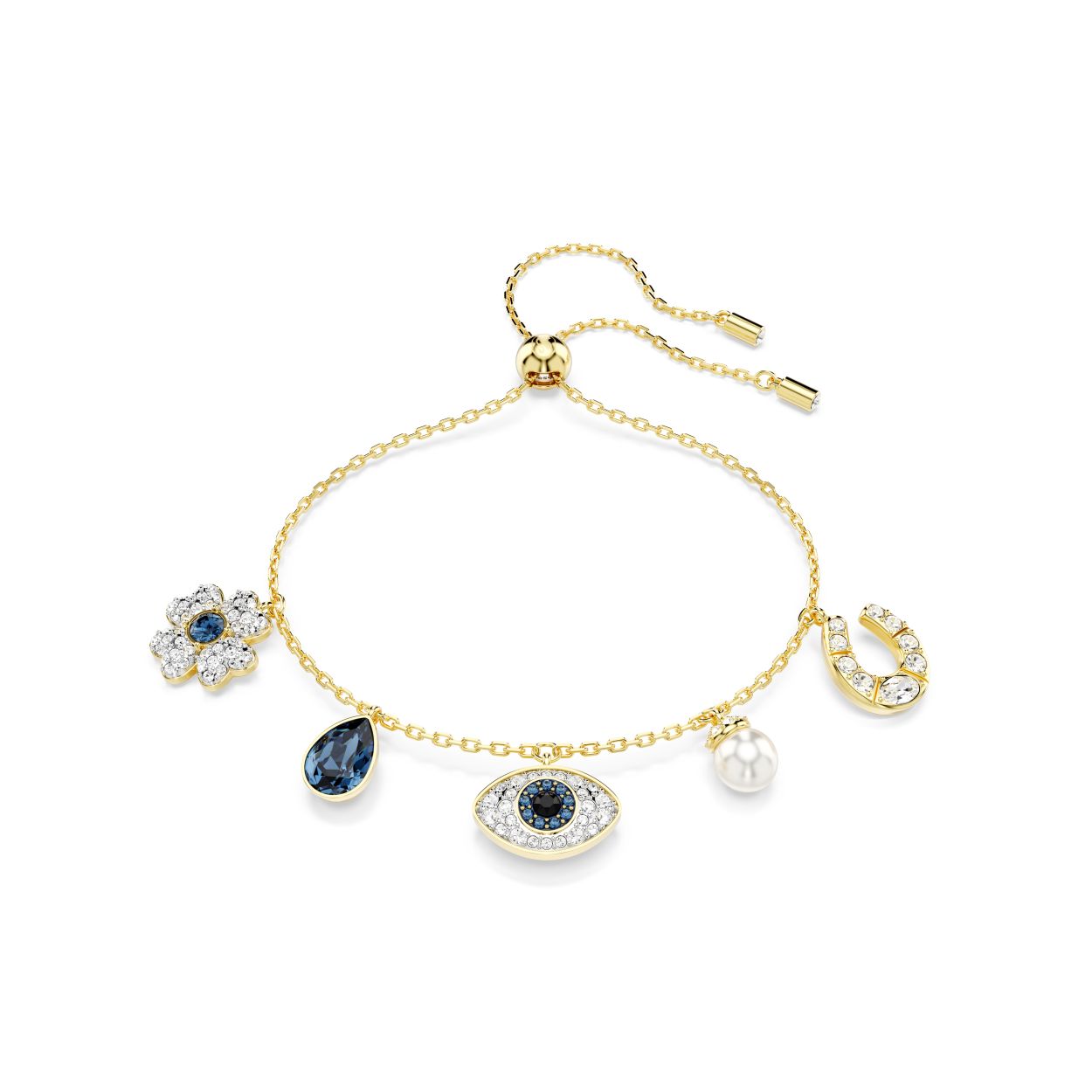 Geef uw stijl een magische en mystieke uitstraling met deze expressieve goudkleurige armband. Het sieraad is voorzien van een delicate ketting met vijf symbolen, waaronder een klavertjevier, een blauwe peervormige druppel, een Swarovski Crystal Pearl met pavé, een hoefijzer en het boze oog in het midden. Elk element is versierd met kristallen om een glinsterend symbolisch stuk te creëren. Combineer het met bijpassende oorbellen voor een opvallende boho look.