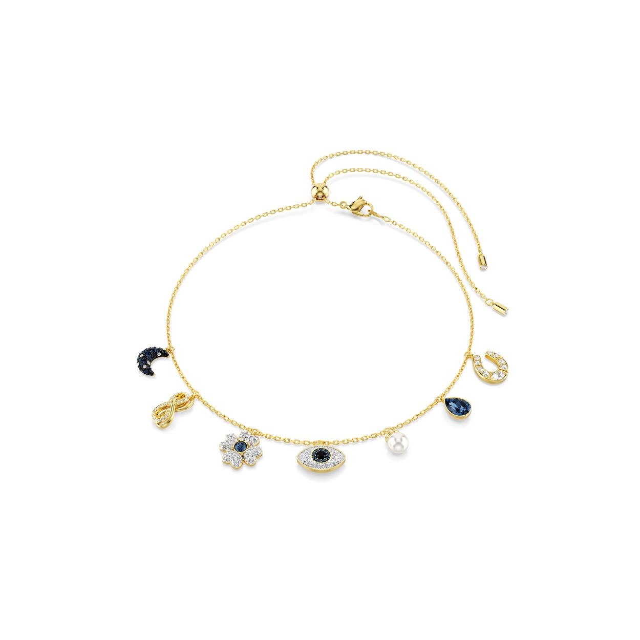 Symbolica choker, Maan, oneindigheidssymbool, klaver, boze oog en hoefijzer, Blauw, Goudkleurige toplaag