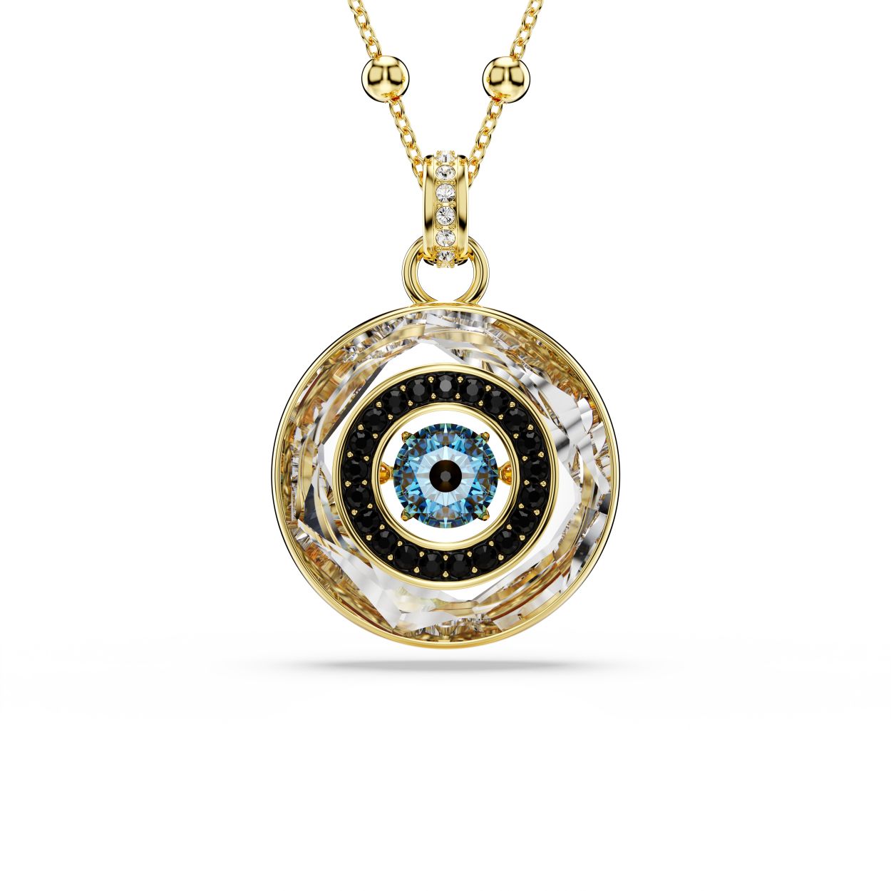 Omarm positiviteit met deze Symbolica-hanger. Het sieraad met goudkleurige toplaag is een toonbeeld van de savoir-faire van Swarovski. Het boze oog is gemaakt van een facetgeslepen buitenste ring, zwarte pavé en een dansende centrale blauwe steen. Deze hanger weerkaatst het licht aan hangt aan een kralenketting met een kleine pavé schakel. Betekenisvol en betoverend!