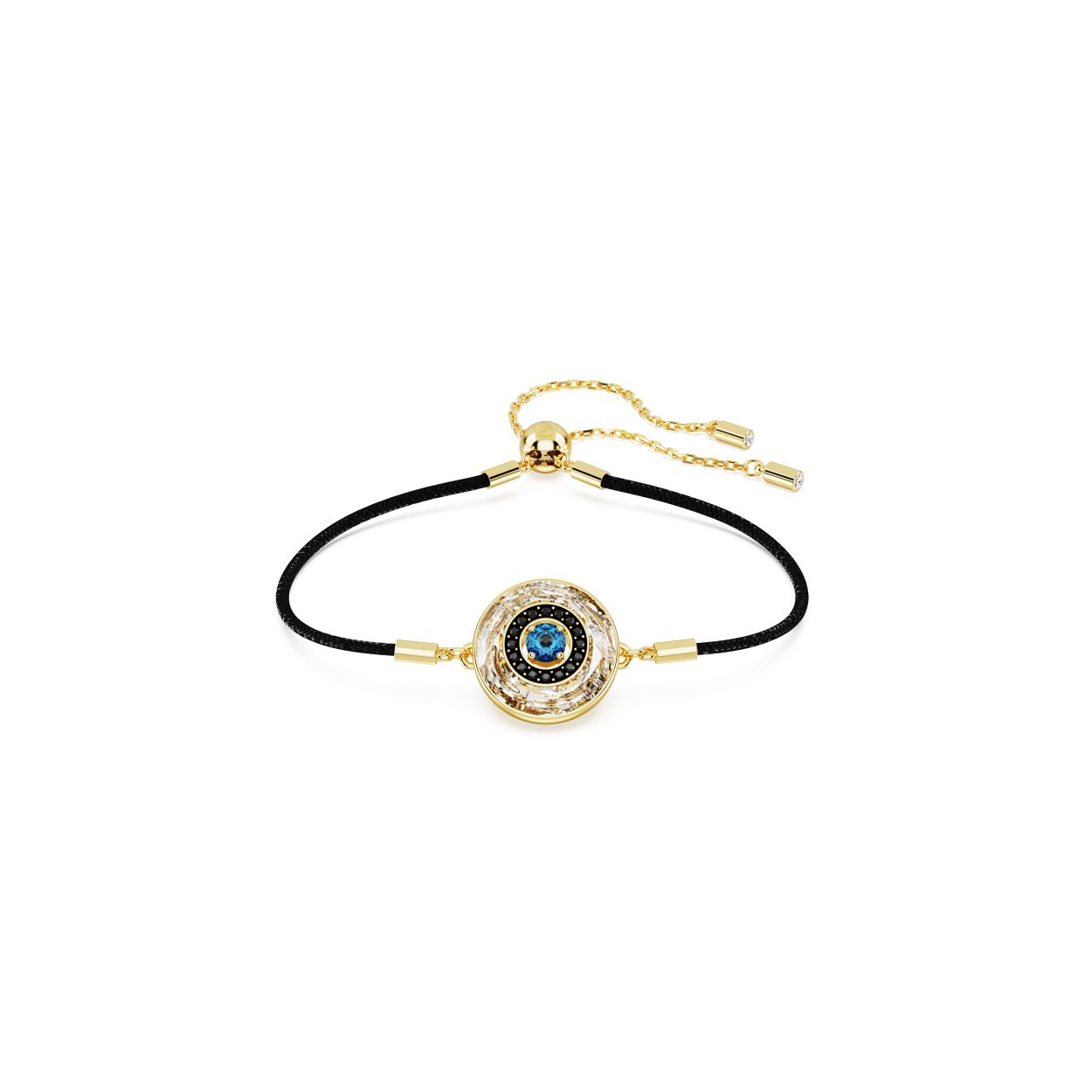 Deze Symbolica-armband straalt positieve energie uit. Het goudkleurige sieraad wordt gedragen aan een zwart koord met schuifsluiting en is een prachtig voorbeeld van de creativiteit van Swarovski. Het boze oog is gemaakt van een facetgeslepen buitenste ring, zwarte pav� en een centrale blauwe steen. Een stuk vol licht dat zowel betekenisvol als fascinerend is.